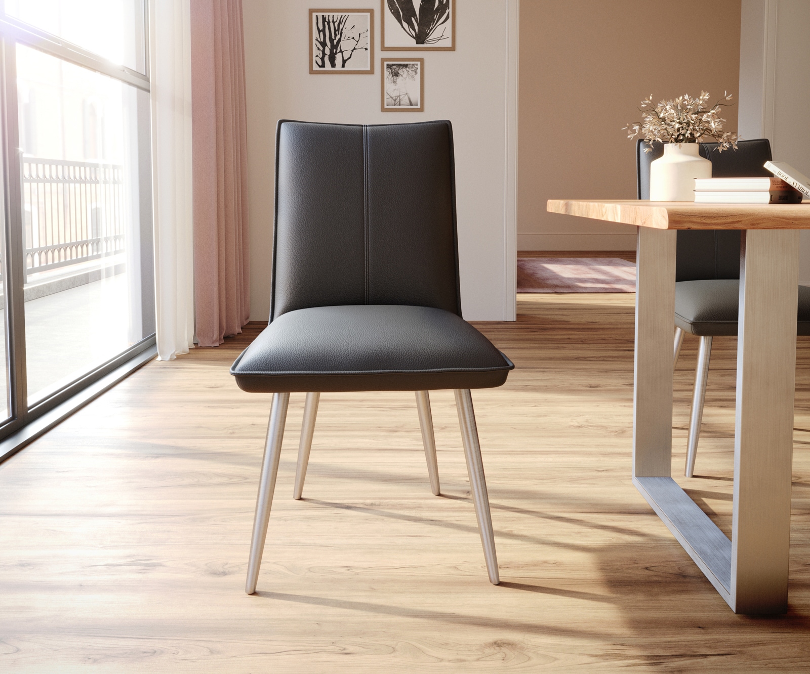 Eetkamerstoel Lelio-Flex echt leer zwart 4-poot conisch roestvrij staal pocketveer kern 2