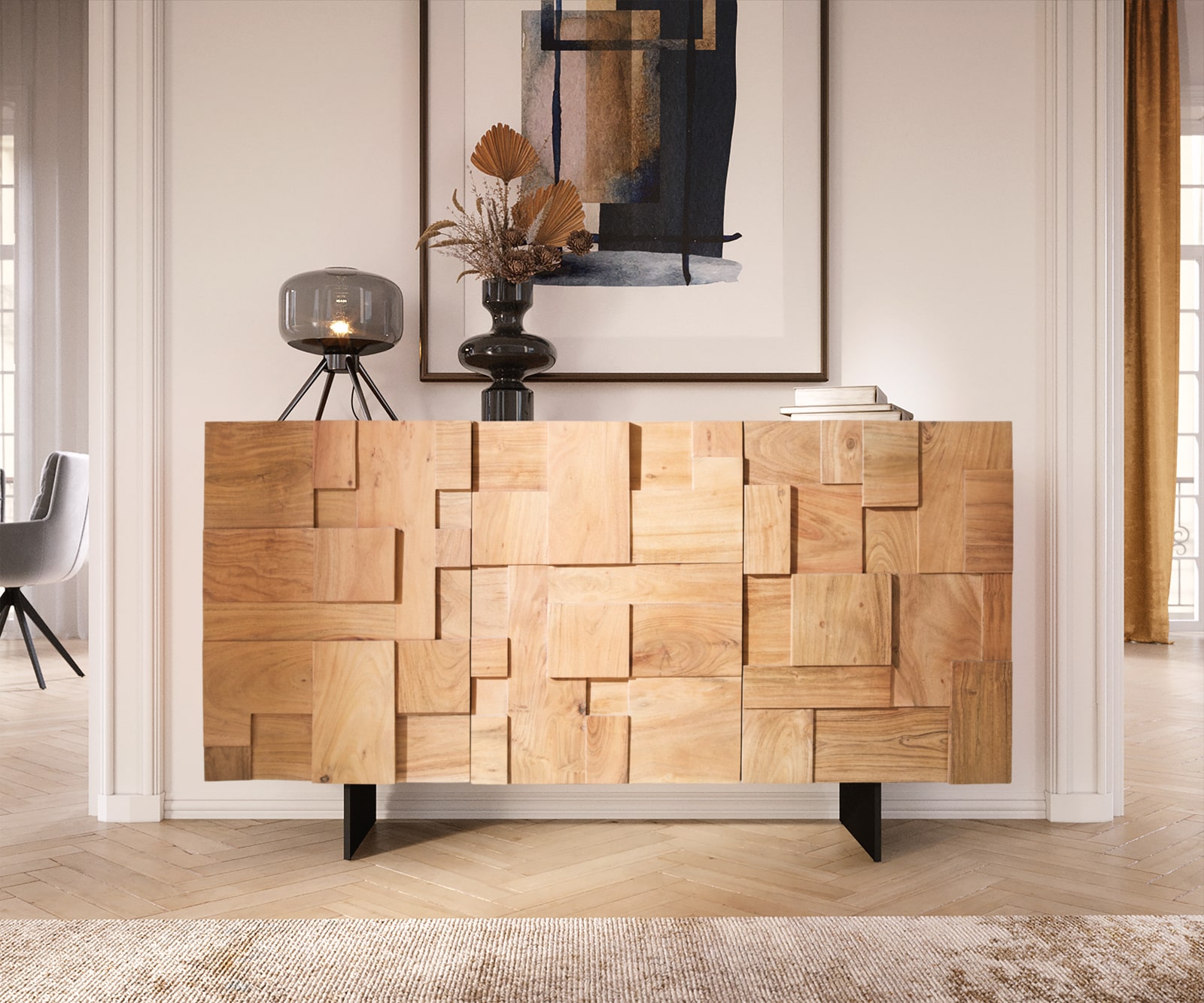 Dressoir Puzzle 145 cm natuur acacia Onderstel zwevend metaal zwart 1 Dressoir Puzzle 145 cm natuur acacia Onderstel zwevend metaal zwart 1