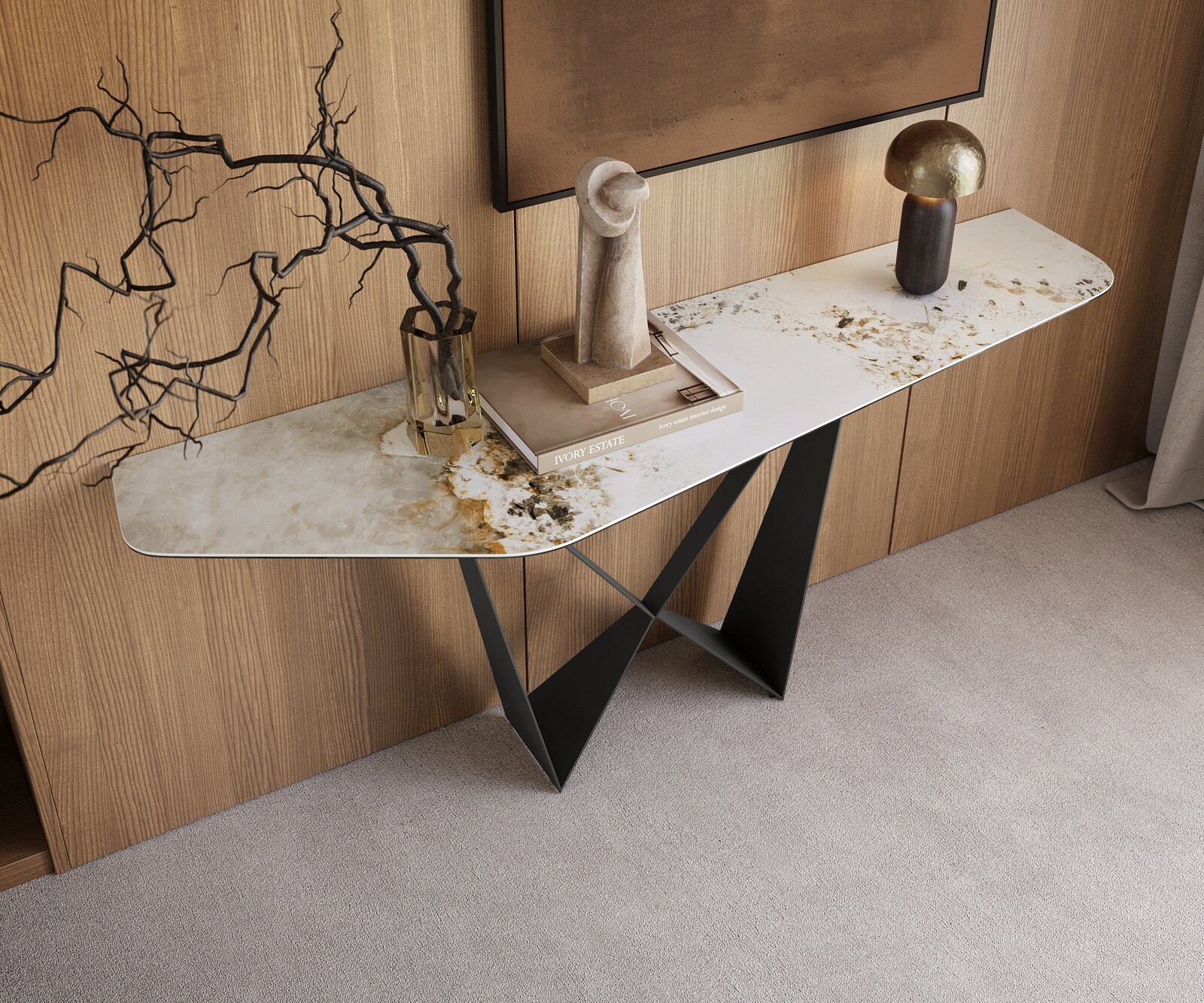 Consoletafel Edge Polygonaal 180x50 cm Keramiek Minas Melange Weiß-Beige Spios Metaal Zwart 2