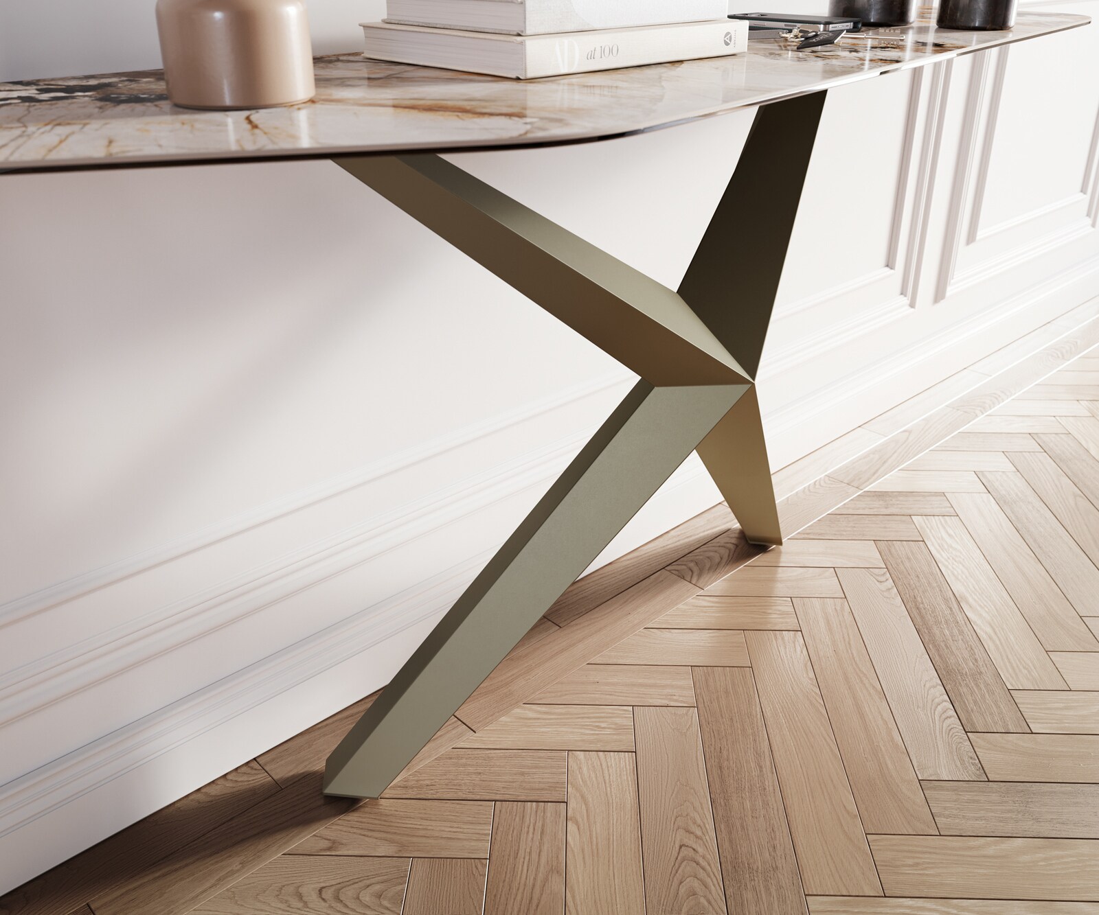 Consoletafel Edge Polygonaal 180x50 cm Keramiek Patagonia Poliert Zentharo Metaal Effektfinish Titan 6