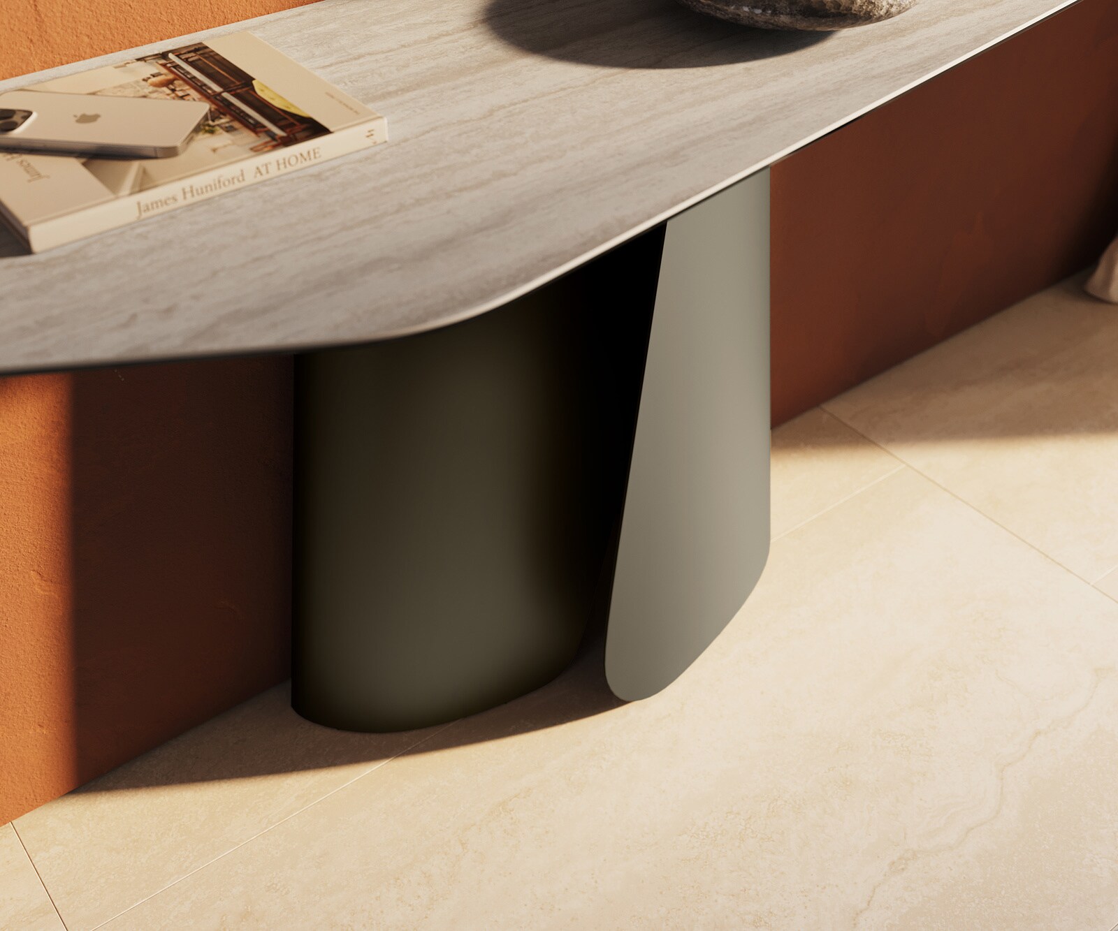 Consoletafel Edge Polygonaal 180x50 cm Keramiek Laminam® Travertino Bianco Creme-Weiß Livos Metaal Effektfinish Titan 6
