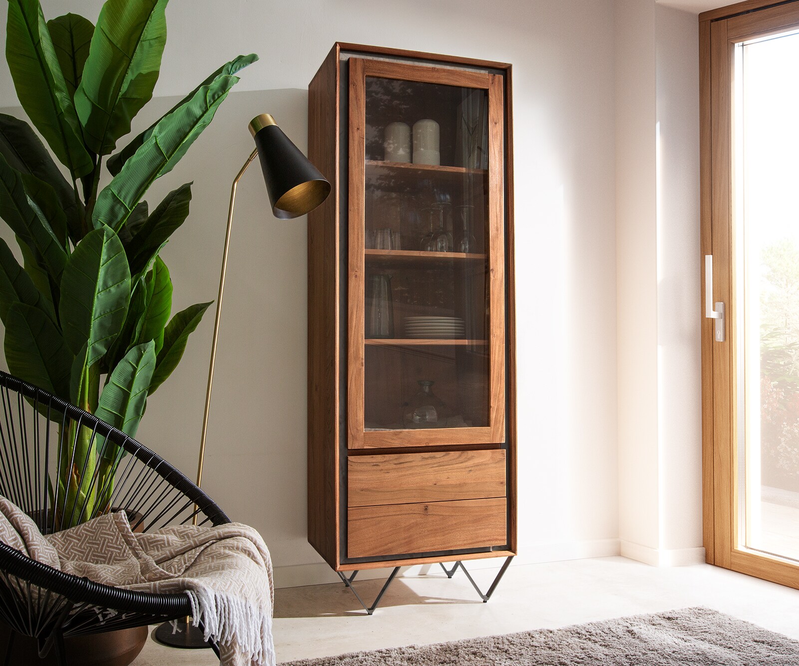 Boekenkast Stonegrace 60x180 cm acacia bruin steenfineer 1 deur 2 laden V-poot zwart