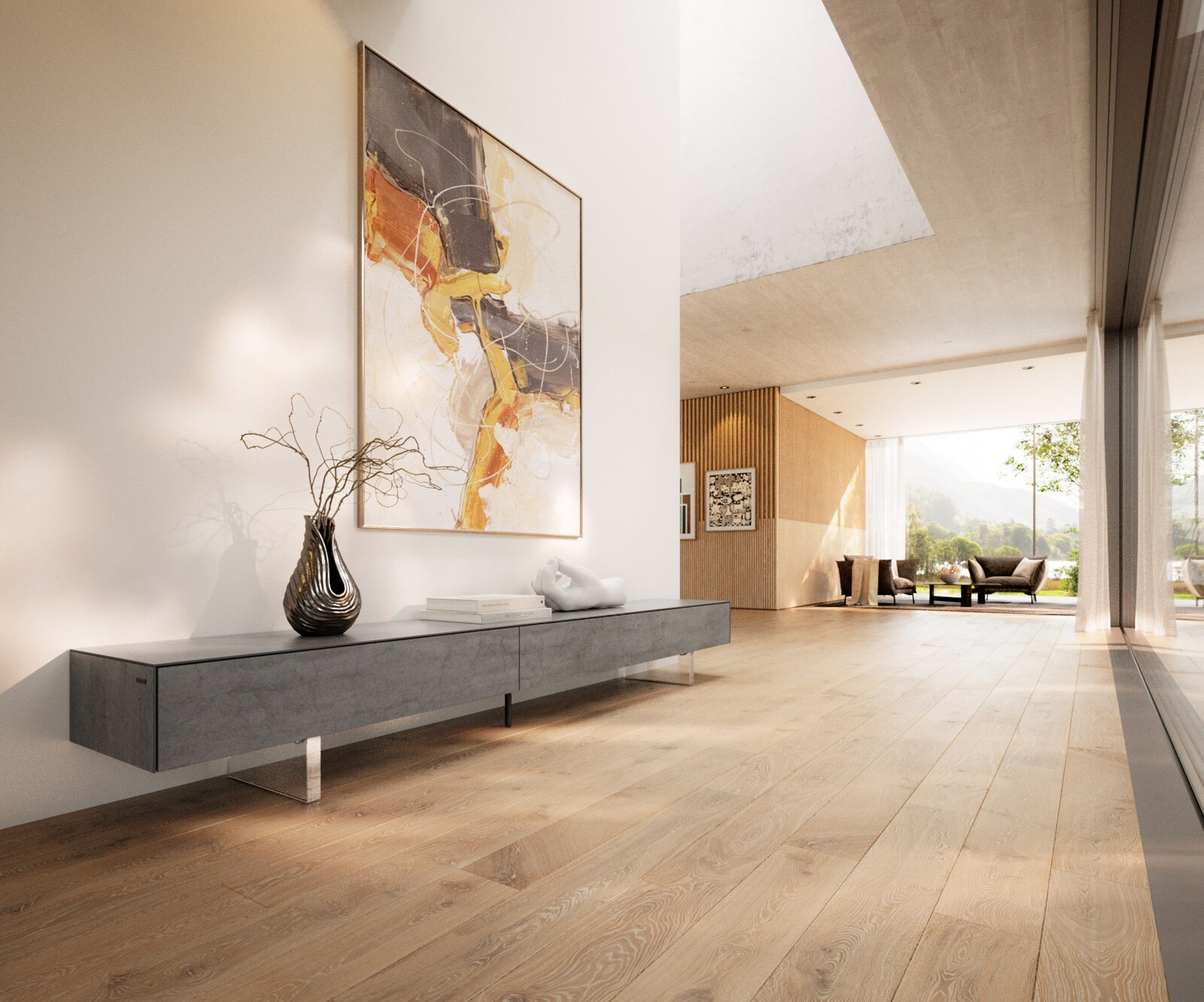 Tv-meubel Cuor 250 cm Keramiek Beton Grijs 1 Flap 1 Laden Zwevende voet look Acrylglas 1