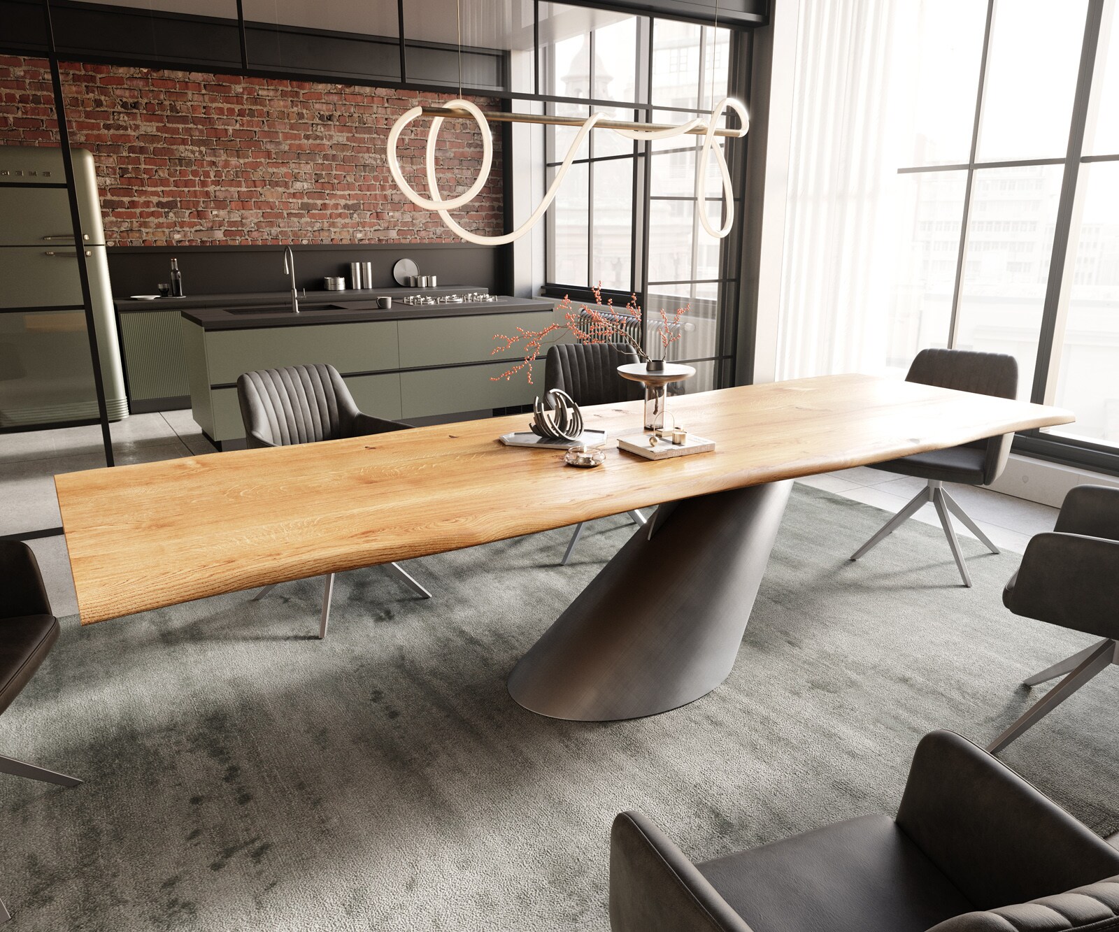 Eettafel Edge 300x100x4 eiken natuur Cono metaal zilver Live-Edge