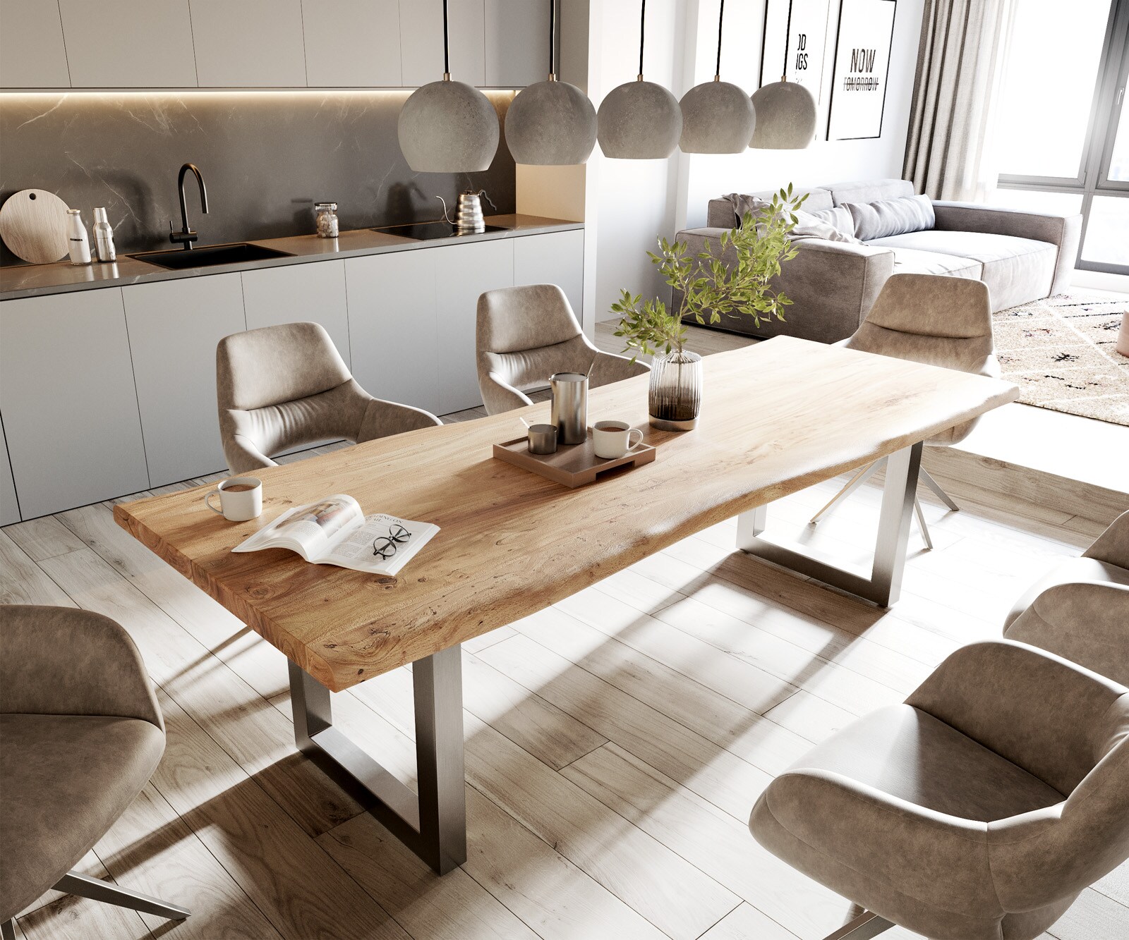 Eettafel Edge 260x100 XL acacia natuur roestvrijstaal breed Live-Edge