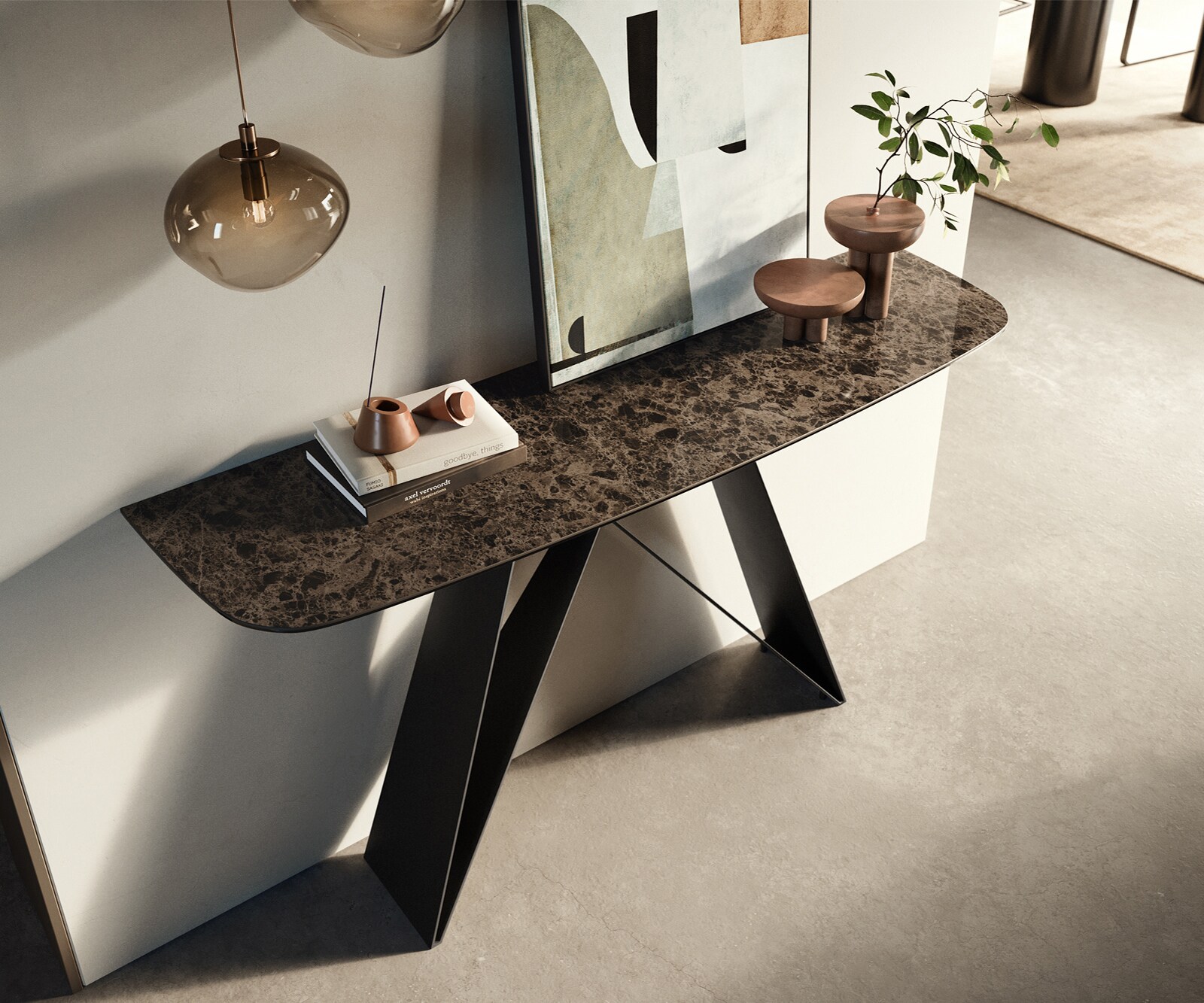 Consoletafel Edge Bootvorm 140x40 cm Keramiek Emperador Extra Lucidato Dunkelbraun Velio Metaal Zwart 1