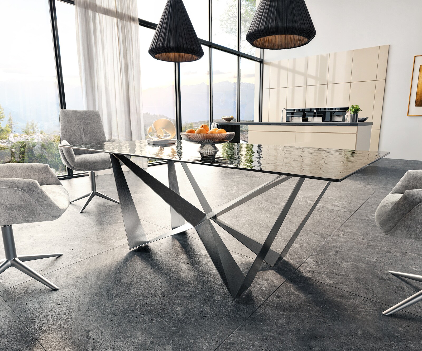 Eetkamertafel Edge 200x100 Glas smelten rokerig zwart 3D-Relief spider vlak staal RVS 3