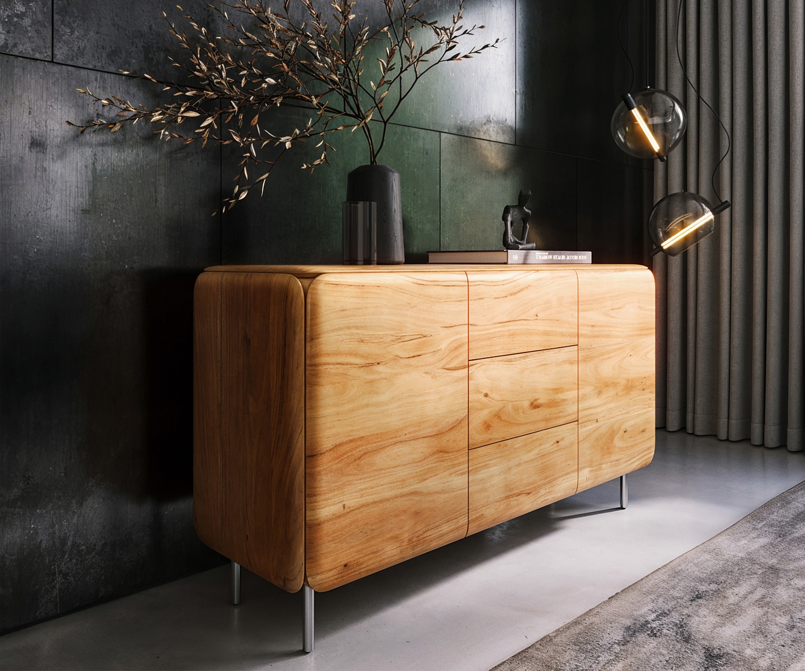 Commode Shavani acacia natuur 145 cm 2 deuren 3 lades rond onderstel RVS  zilver Commode Shavani acacia natuur 145 cm 2 deuren 3 lades rond onderstel RVS  zilver