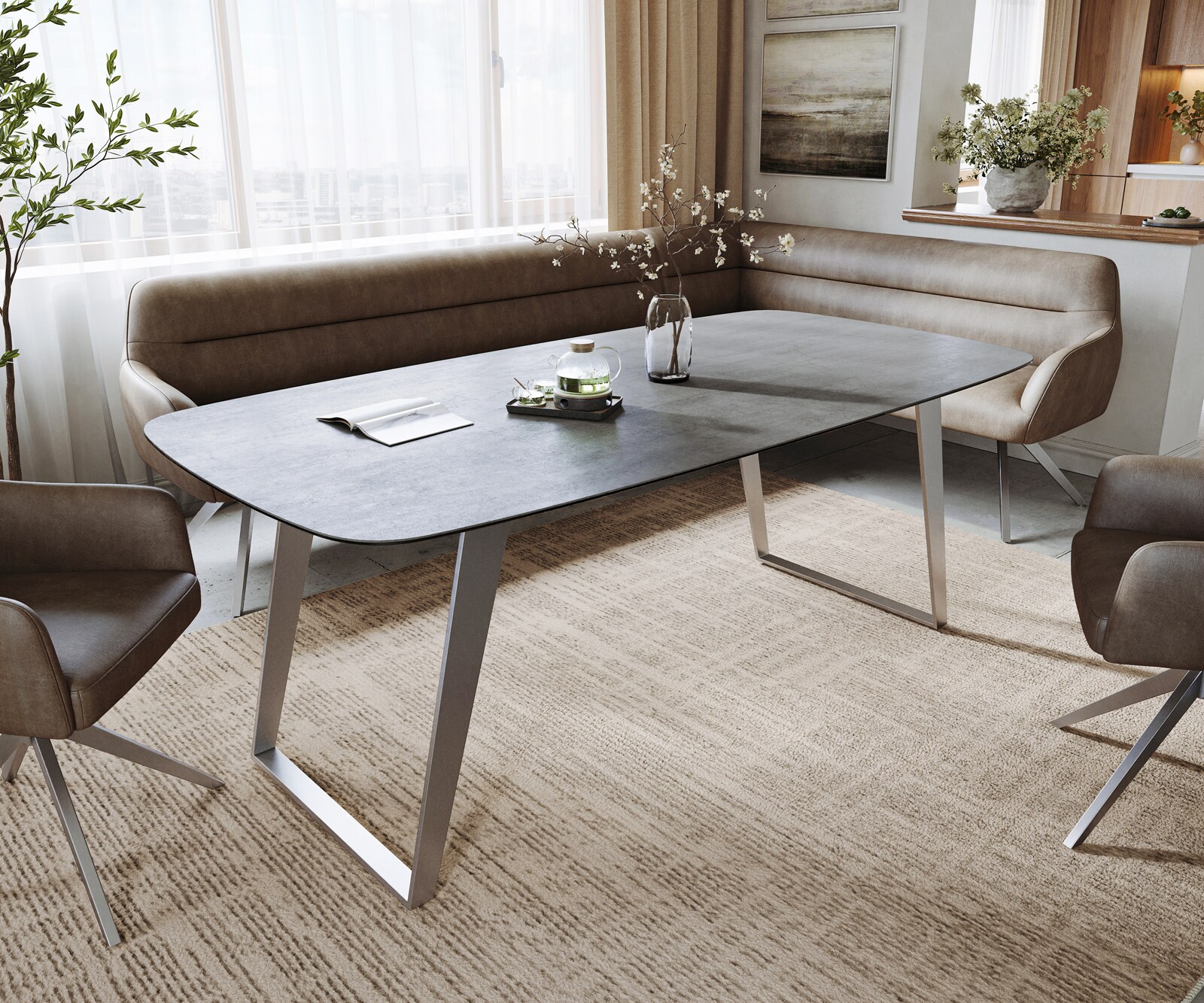 Eettafel Edge boot 200x100 cm keramiek beton grijs roestvrij staal schuin