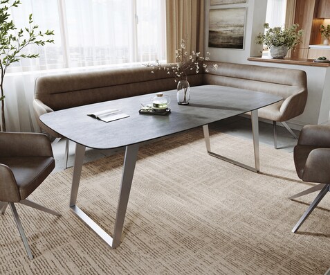 Eettafel Edge boot 200x100 cm keramiek beton grijs roestvrij staal schuin