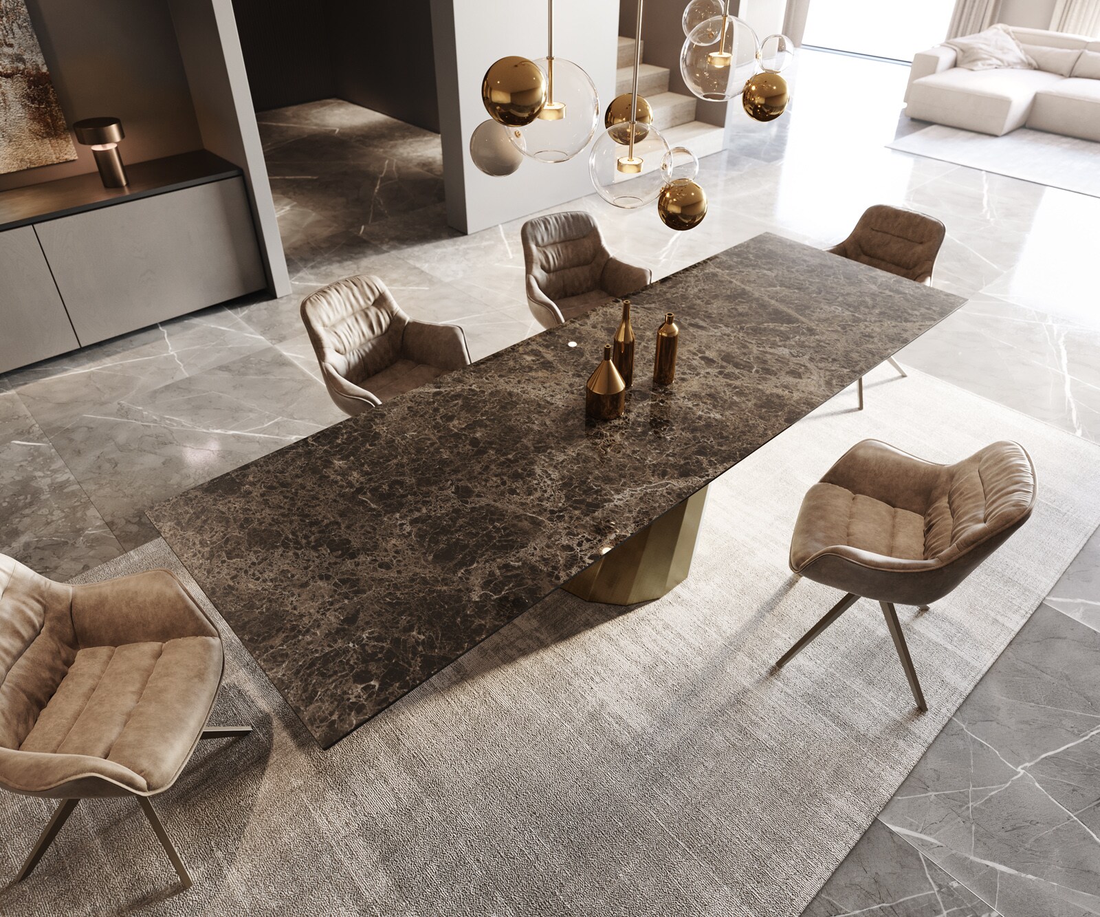 Eettafel Edge 300x100 keramiek  Laminam® Emperador Extra Lucidato donkerbruin Parabel metaal goud 4