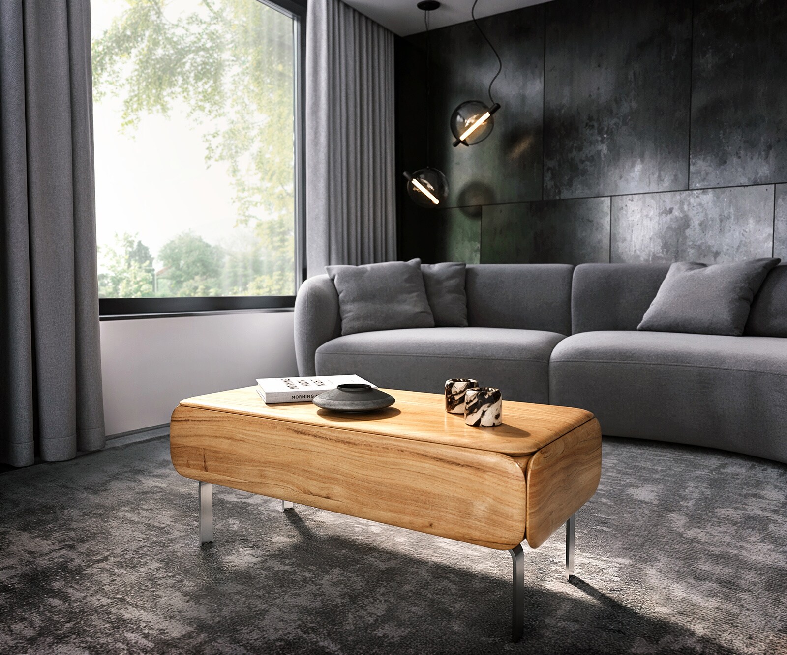 Salontafel Shavani 100x50 cm acacia natuur 1 lade L-poot RVS zilver