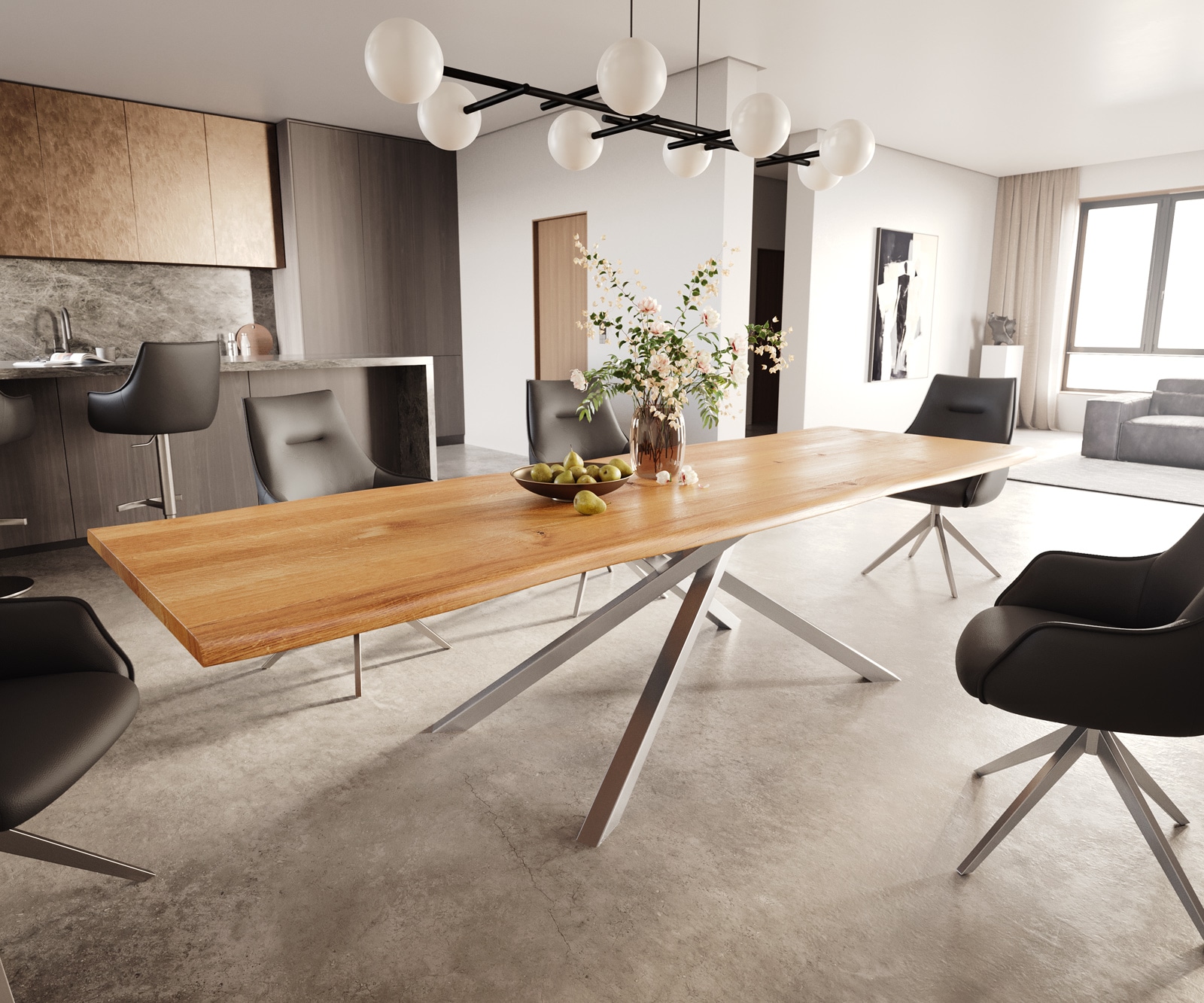 Eettafel Edge 300x100x4 eiken natuur kruisframe rechthoek RVS Live-Edge 1