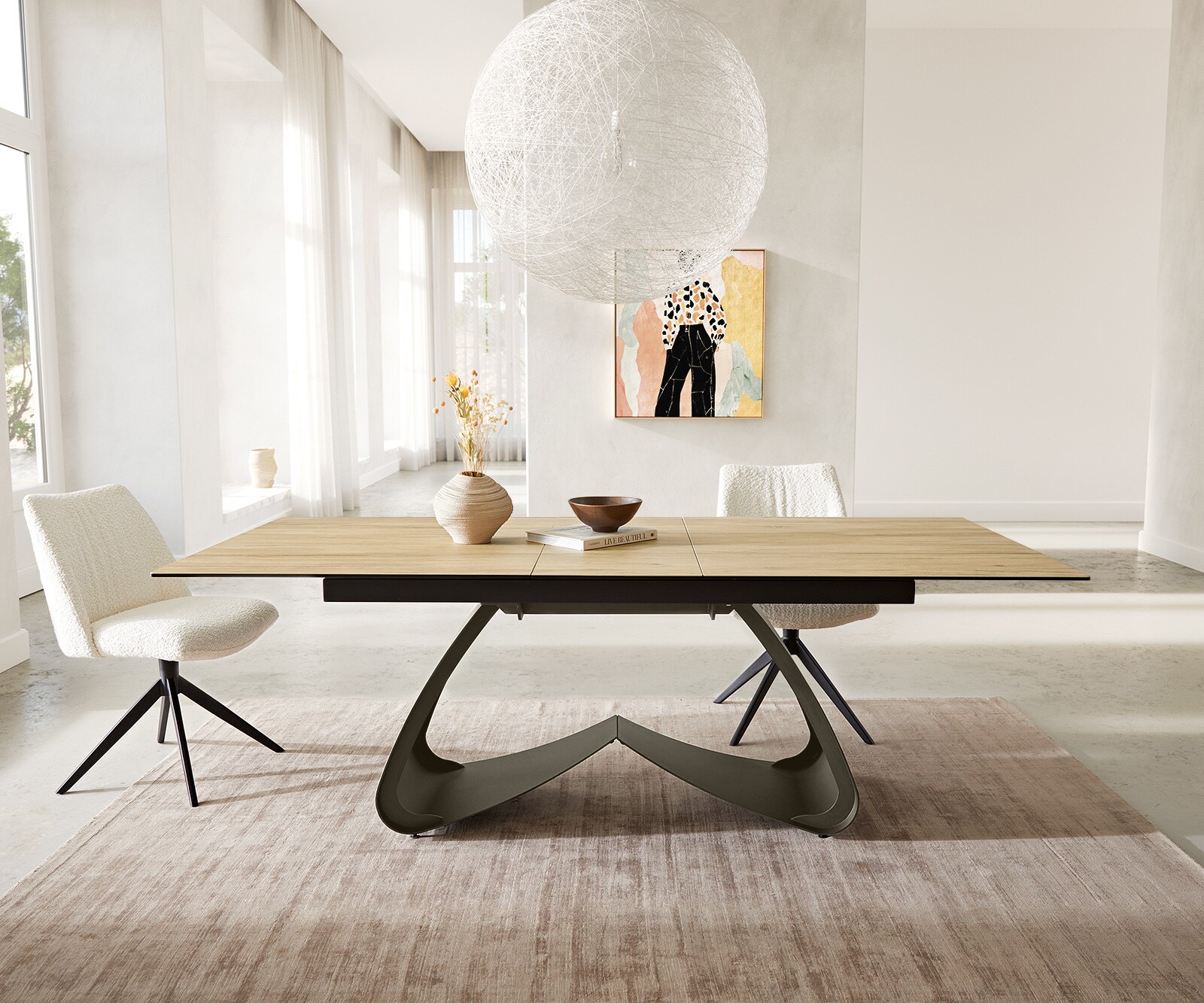 Eettafel Edge 180-220x100 keramiek Laminam® Sabbia Eikenkleur W-kaomeffect afwerking titanium Uitschuifbaar