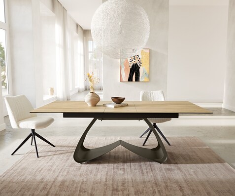 Eettafel Edge 180-220x100 keramiek Laminam® Sabbia Eikenkleur W-kaomeffect afwerking titanium Uitschuifbaar