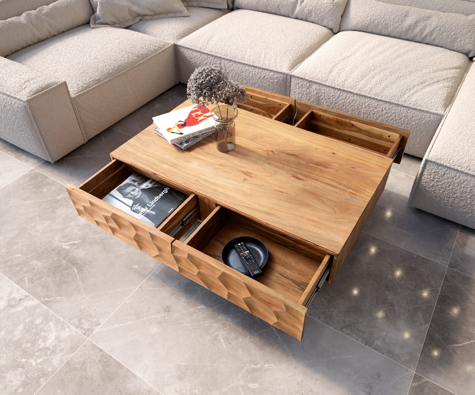 Salontafel Solu 120x70 cm natuur acacia 4 laden onderstel zwevend metaal zwart 3D front 3