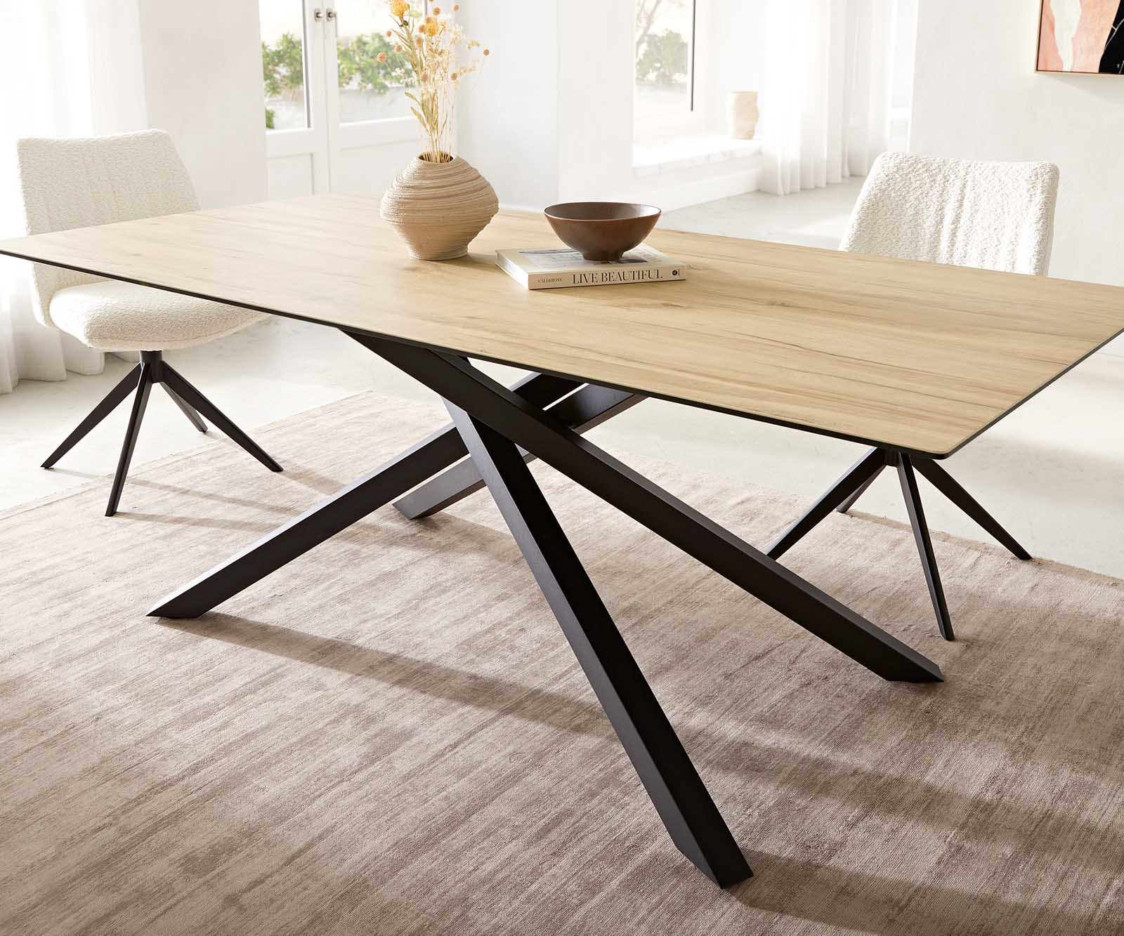 Eetkamertafel Edge 200x100 keramiek Laminam® Sabbia eiken kleur kruisframe rechthoek zwart 5 Eetkamertafel Edge 200x100 keramiek Laminam® Sabbia eiken kleur kruisframe rechthoek zwart 5