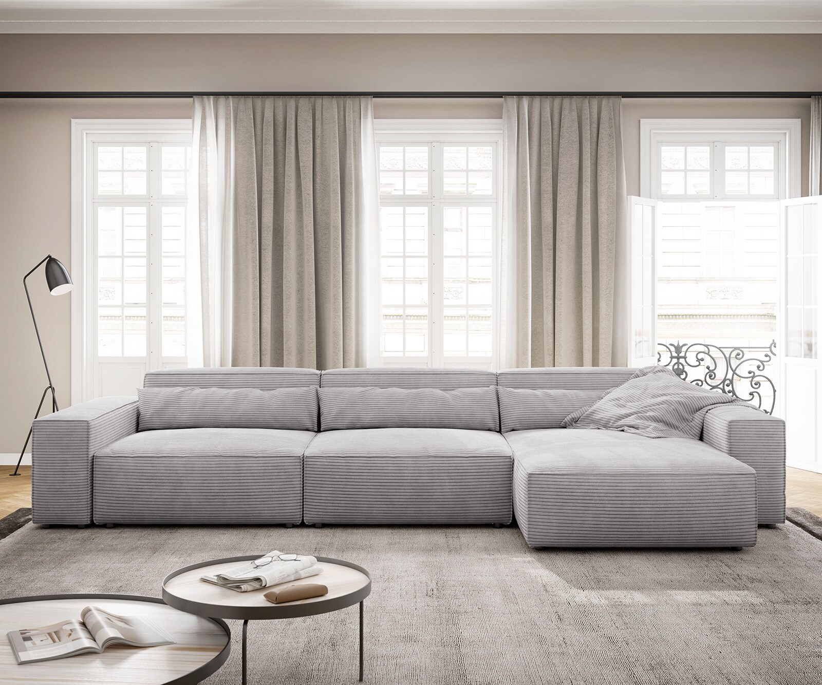 Hoekbank Sirpio XL 370x170 cm koord zilvergrijs recamiere variabele 1