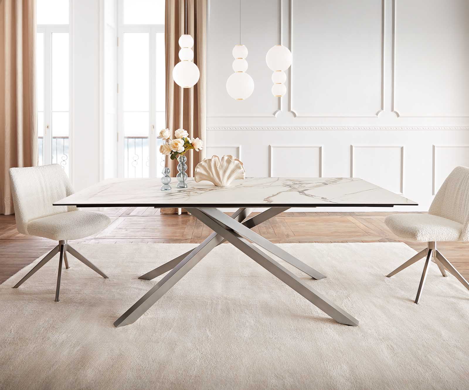 Eetkamertafel Edge 200x100 keramiek Calacatta Luxe wit-goud-grijs kruisframe rechthoek RVS