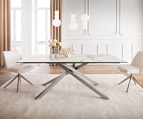 Eetkamertafel Edge 200x100 keramiek Calacatta Luxe wit-goud-grijs kruisframe rechthoek RVS