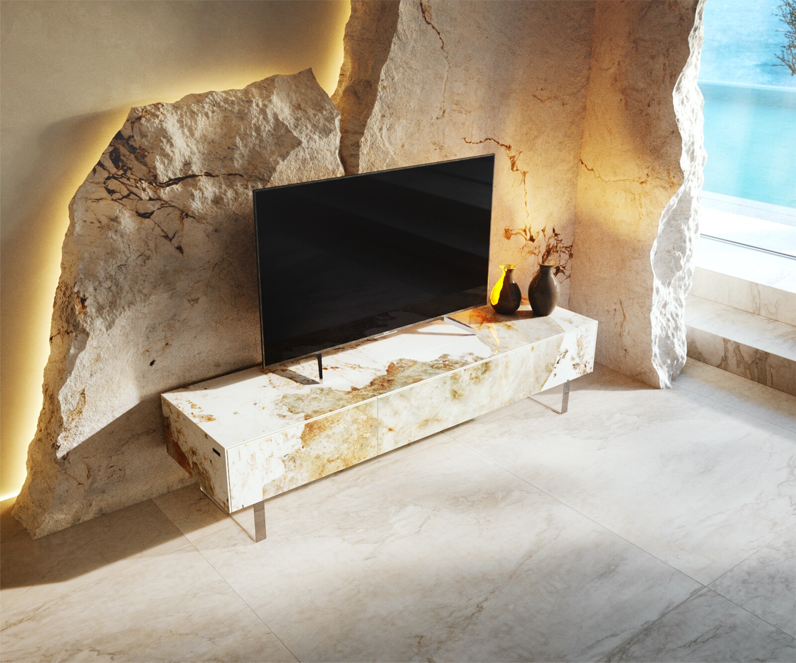 Tv-meubel Cuor 150 cm Keramiek Minas Melange Wit-beige 1 Flap 1 Lade Zwevende voet look Acrylglas 3