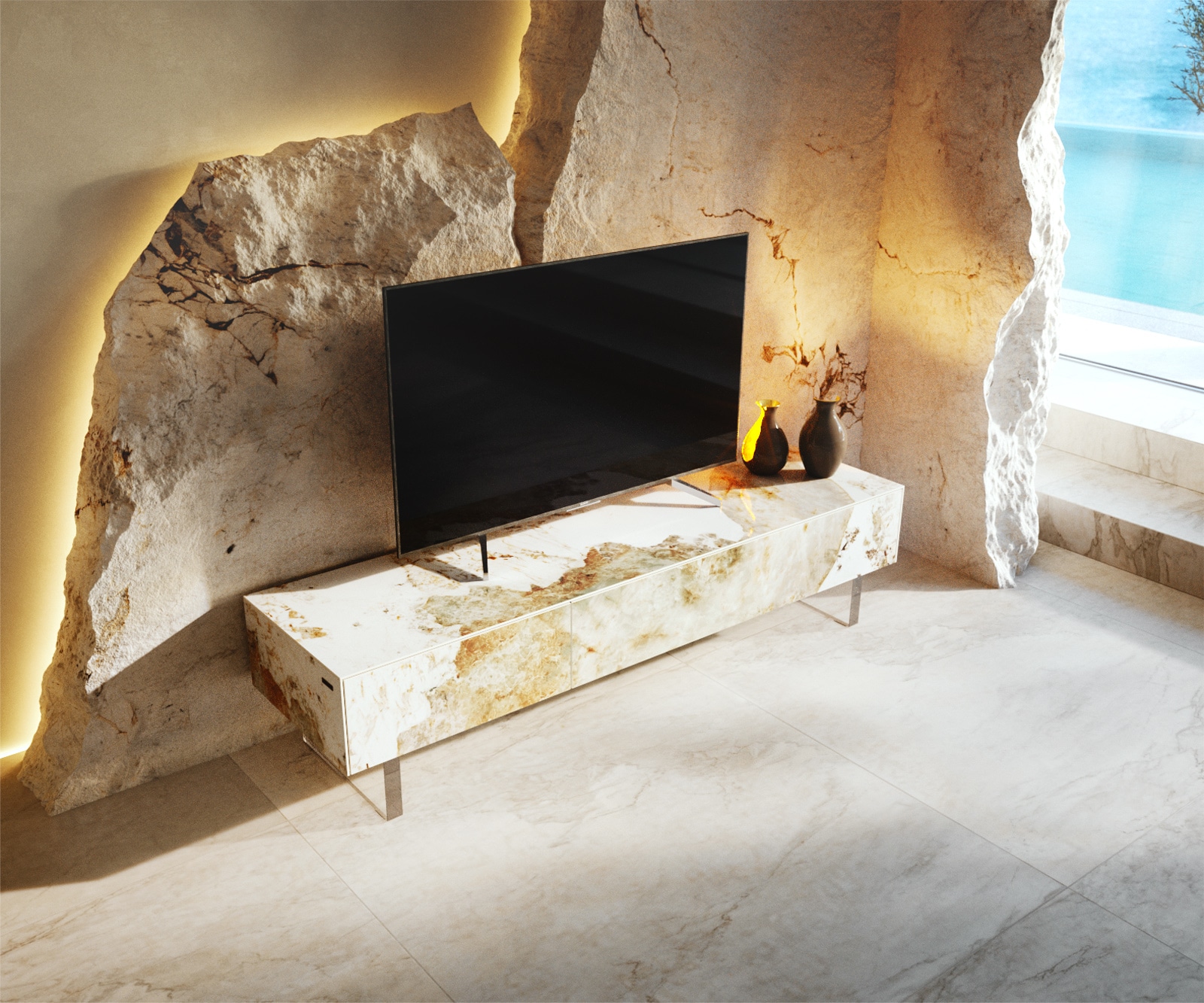 Tv-meubel Cuor 150 cm Keramiek Minas Melange Wit-beige 1 Flap 1 Lade Zwevende voet look Acrylglas 3 Tv-meubel Cuor 150 cm Keramiek Minas Melange Wit-beige 1 Flap 1 Lade Zwevende voet look Acrylglas 3