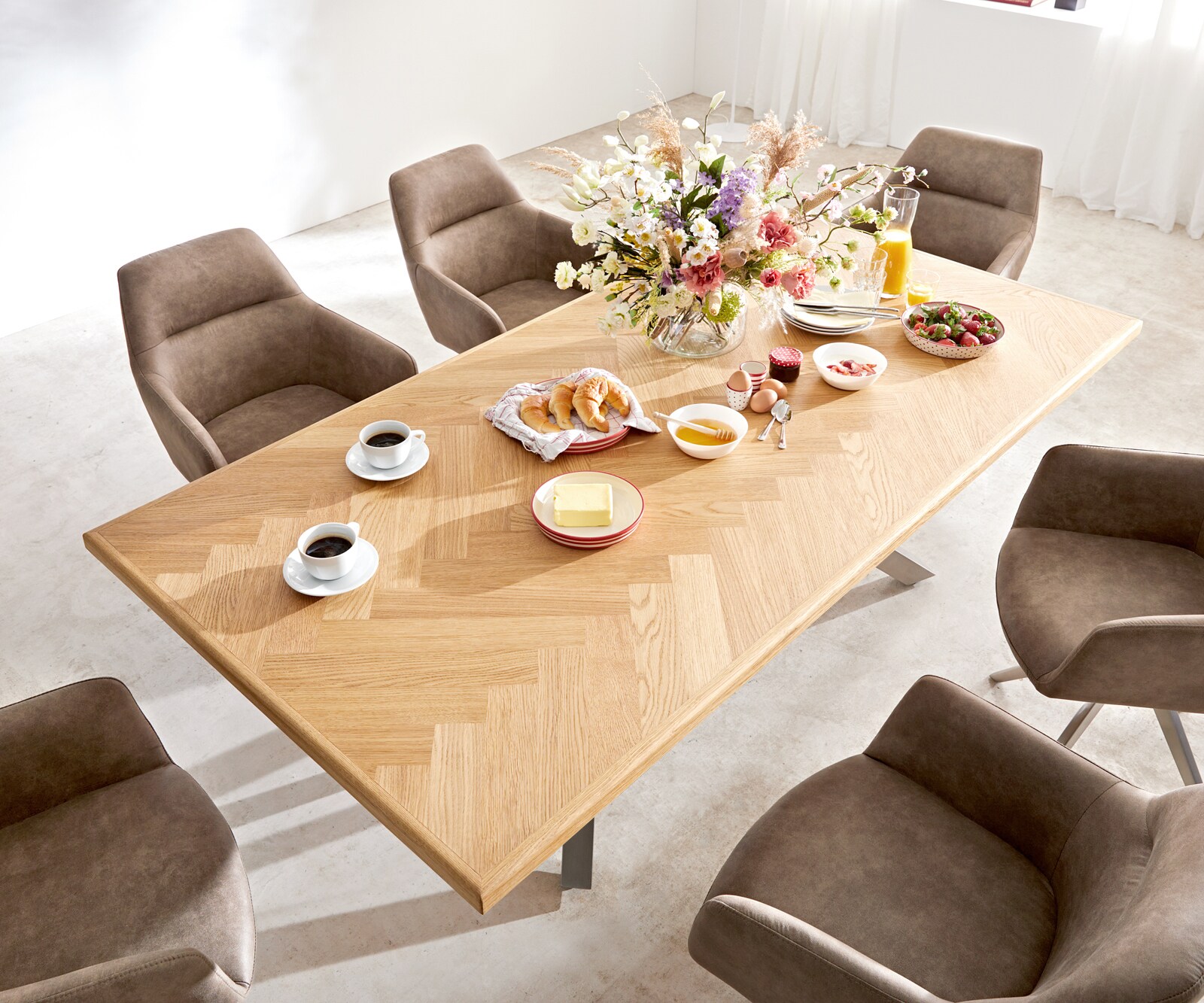 Eettafel Edge-Pure 200x100 eiken natuur Fishbone kruisframe rechthoek roestvrij staal 4