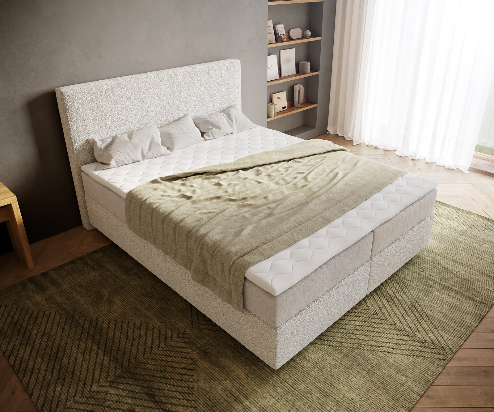 Boxspringbed Dream-Well 160x200 cm Bouclé Crème-Wit met Pocketveringmatras en Topper Visco 3