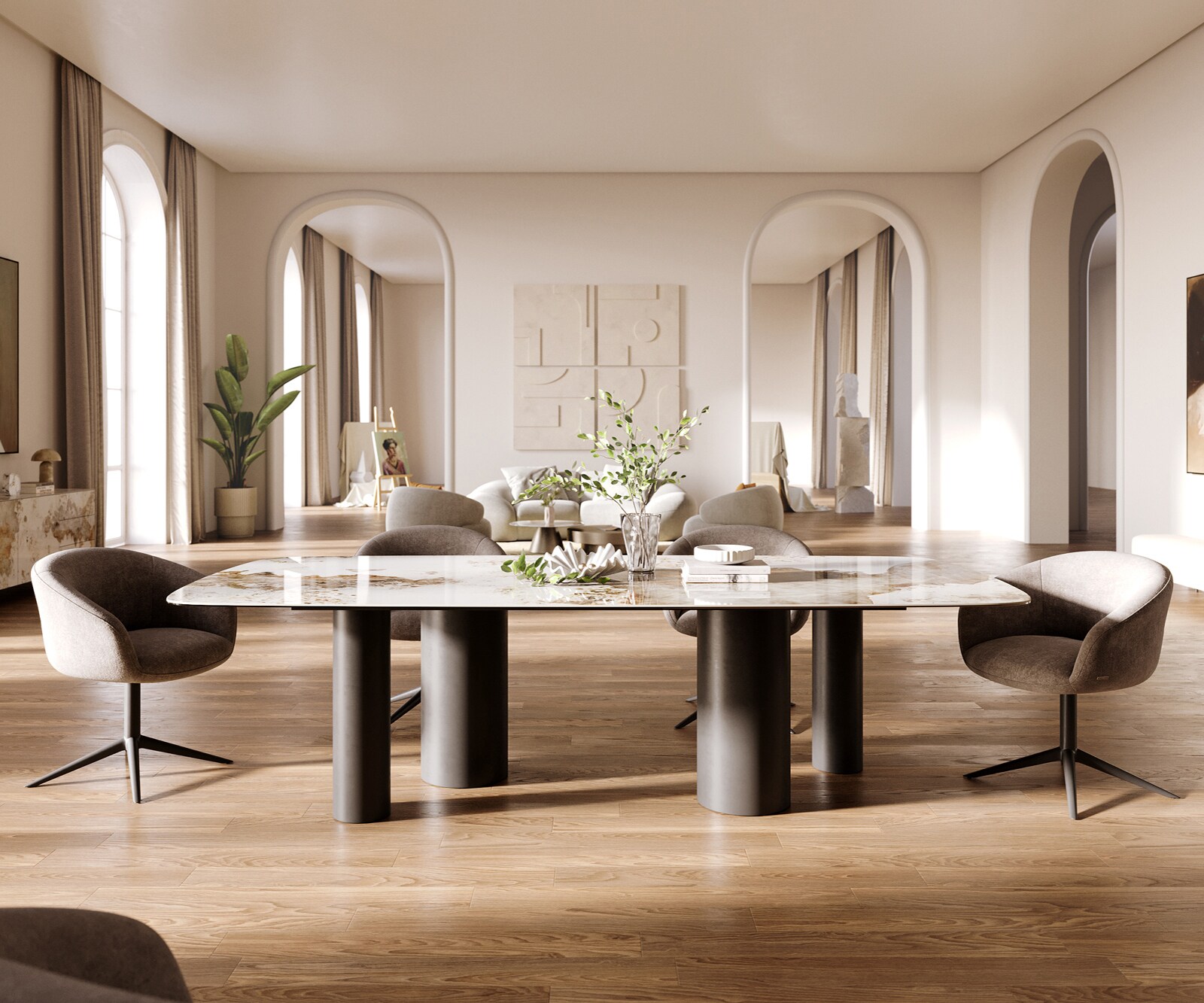 Eettafel Edge Boot 260x120 cm Keramiek Minas Melange Wit-Beige Pilier Metaal Zwart 2