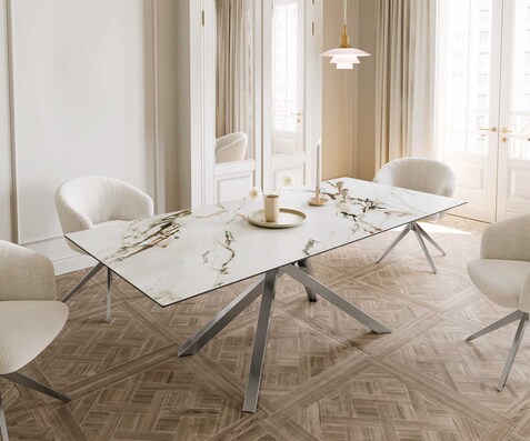 Eetkamertafel Edge 180-220x100 keramiek Calacatta Luxe wit-goud-grijs kruisframe rechthoek RVS uitschuifbaar