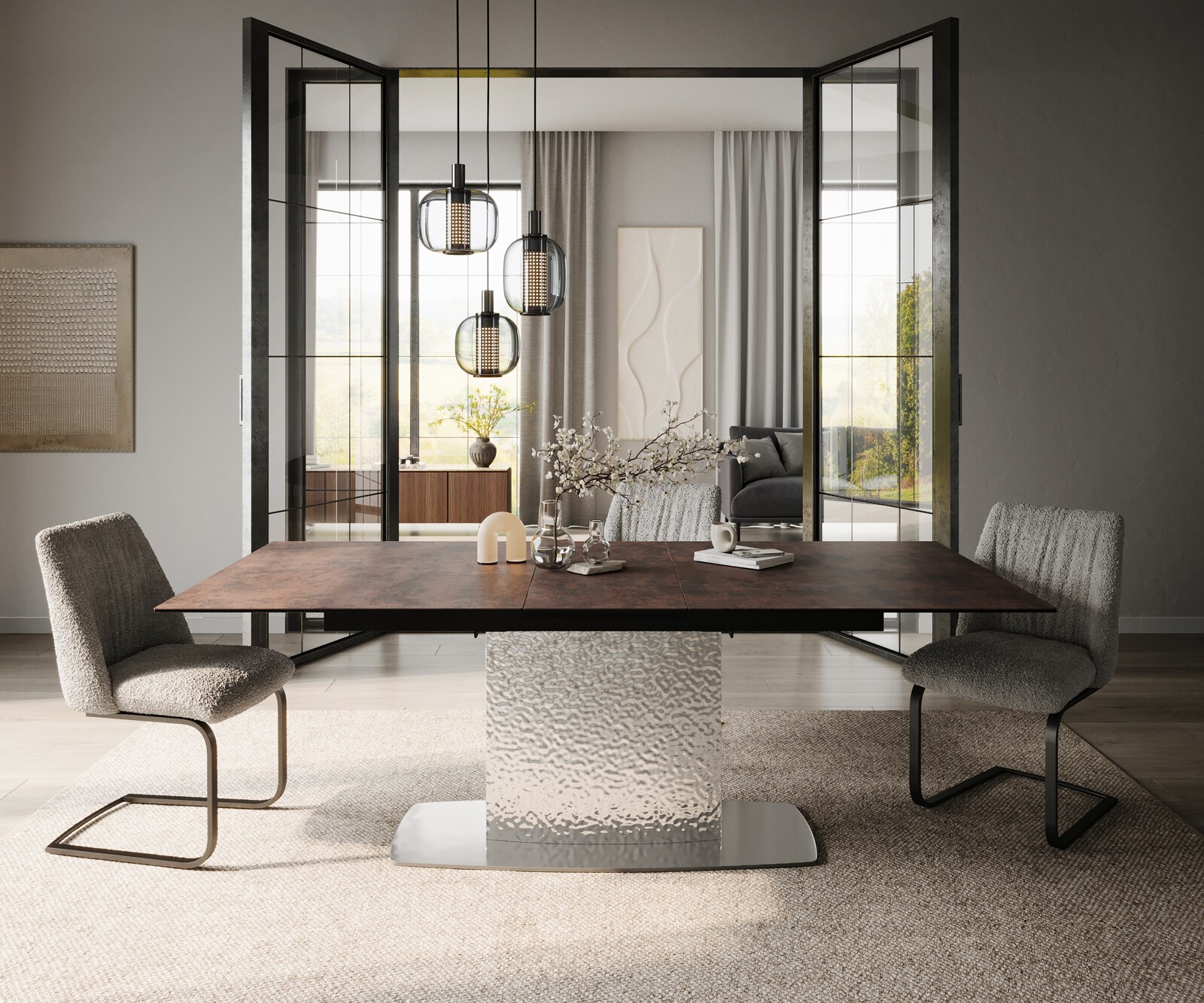 Eettafel Edge 180-220x90 glas antiek-bruin Wave roestvrij staal uitschuifbaar 2