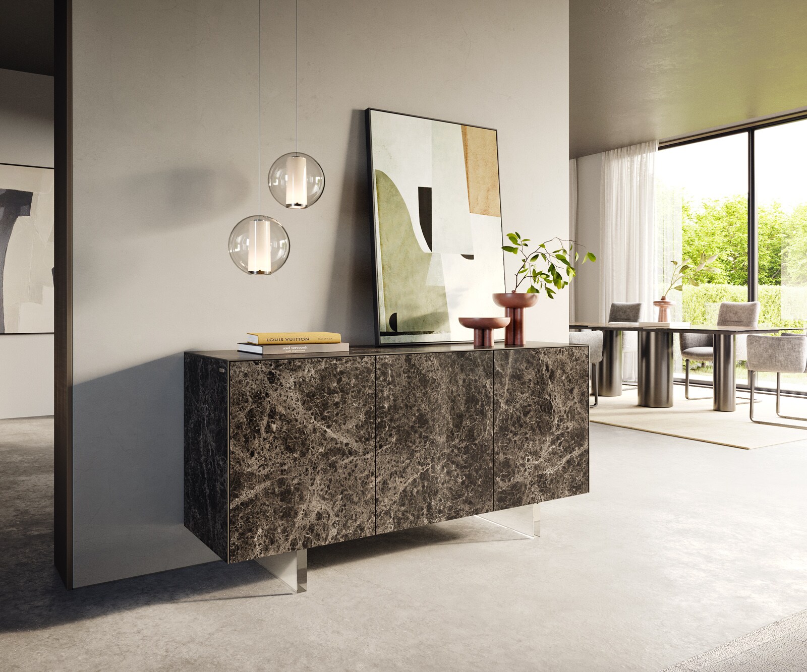 Dressoir Cuor 150 cm Keramiek Laminam® Emperador Extra Lucidato Donkerbruin 3 Deuren Zwevende voet look Acrylglas