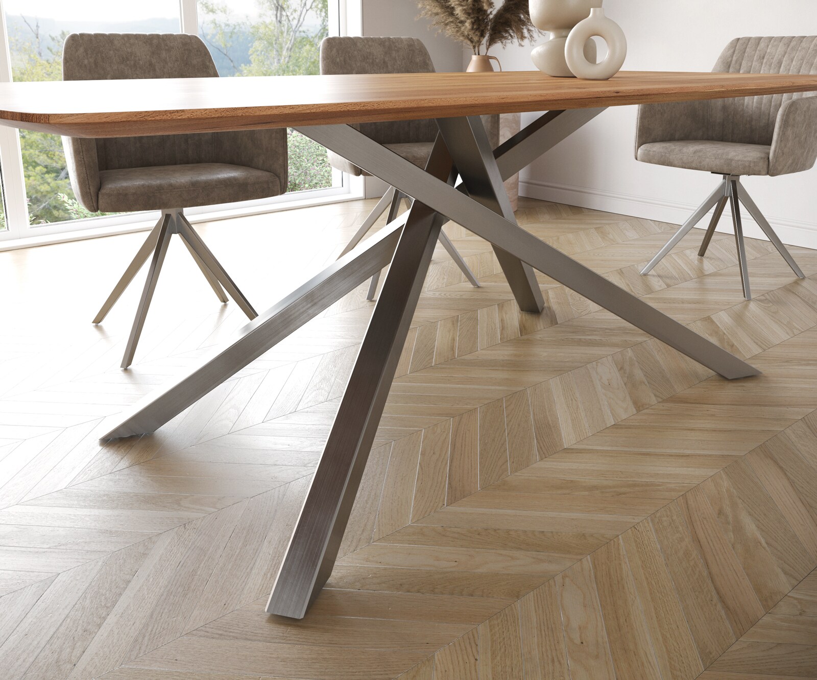 Eettafel Edge Boot 200x100 acacia natuur kruisframe rechthoek roestvrij staal  Schweizer Kante 6