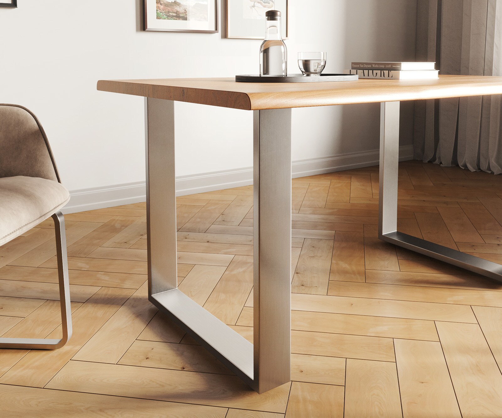 Eettafel Edge 140x90 acacia natuur roestvrijstaal smal Live-Edge 4