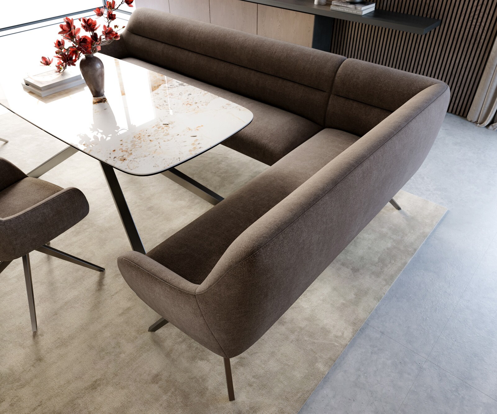Eetkamerbank Taya-Flex 285x190 cm zachte stof met structuur taupe hoekig kruisframe grafiet pocketvering rechts 4