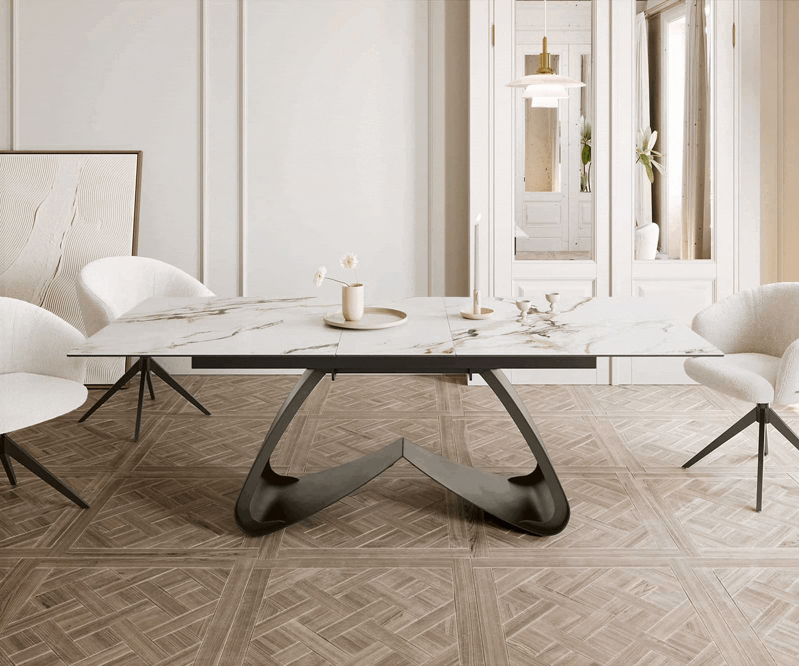 Edge eettafel 180-220x100 keramiek Calacatta Luxe wit-goud-grijs W-frame effect afwerking titanium Uitschuifbaar 1 Edge eettafel 180-220x100 keramiek Calacatta Luxe wit-goud-grijs W-frame effect afwerking titanium Uitschuifbaar 1