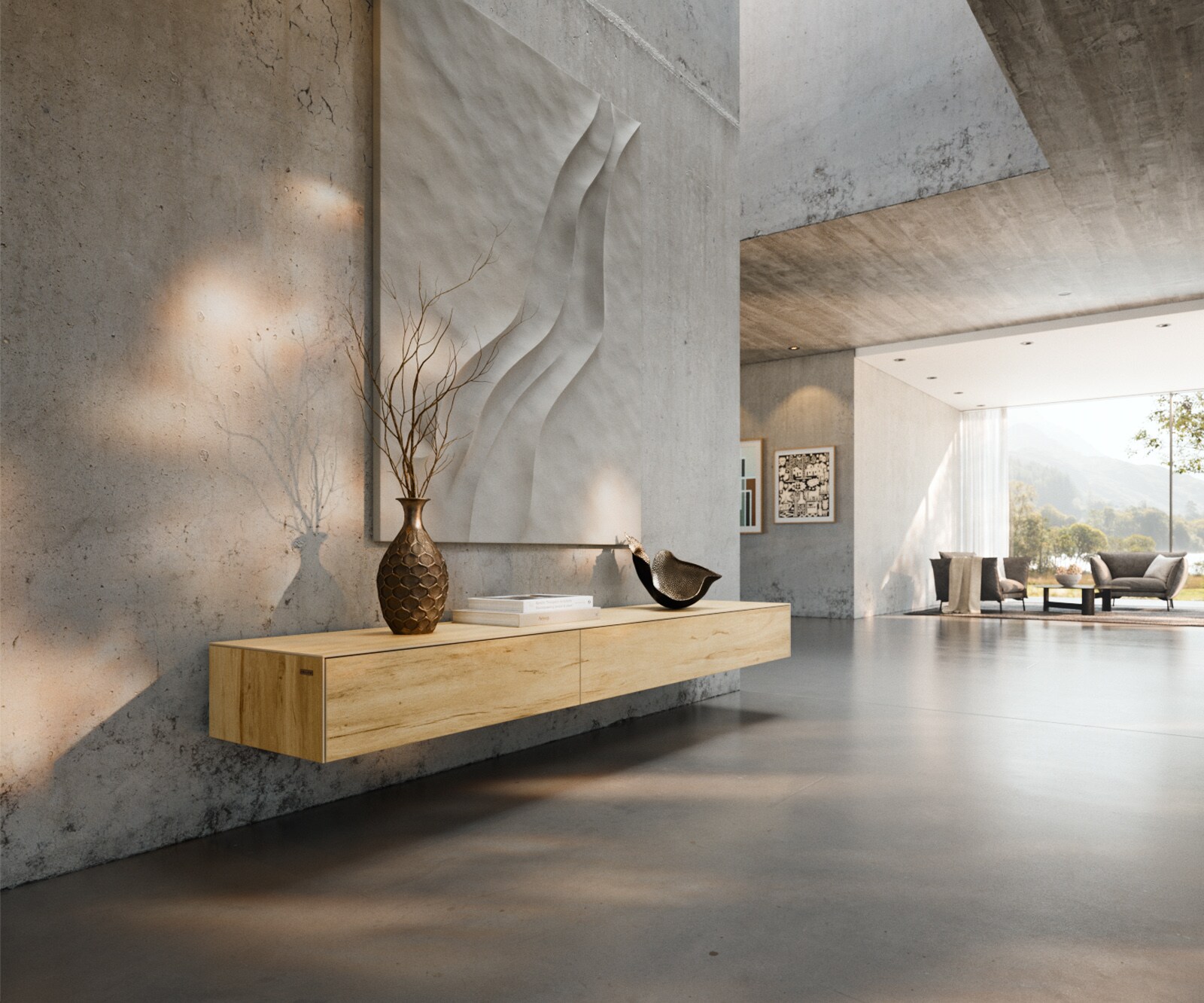 Tv-meubel Cuor 200 cm Keramiek Laminam® Sabbia Eiken gekleurd 1 Flap 1 Lade Zwevend