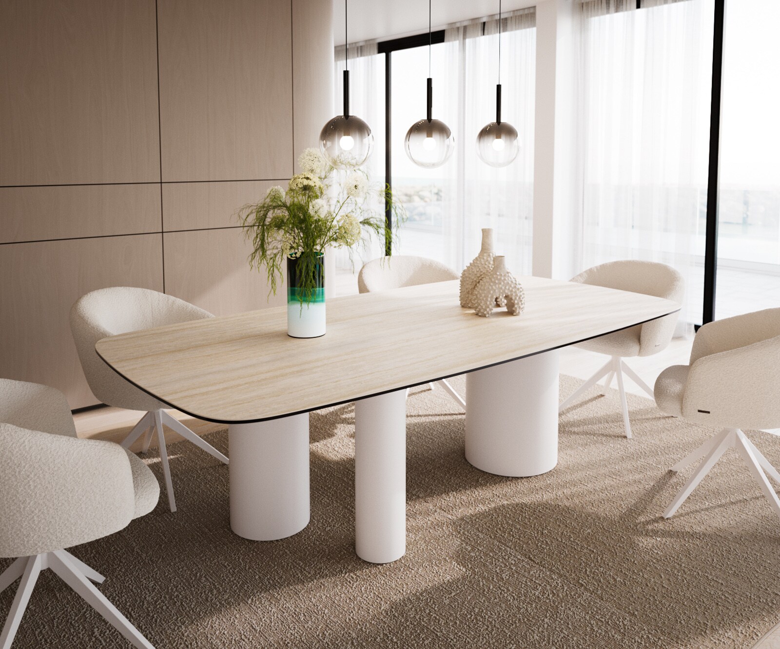 Eetkamertafel Edge Boot 240x120 keramiek Travertin natuurTroa metaal wit