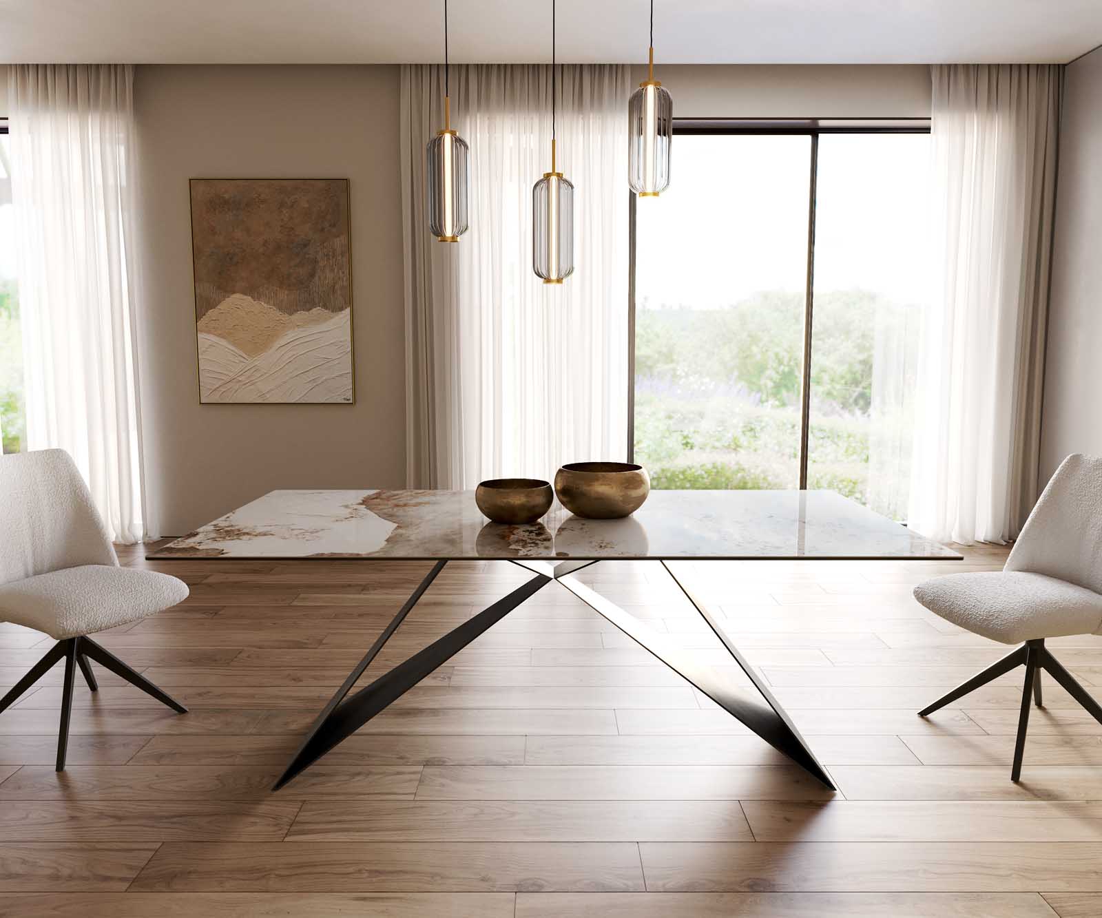 Eetkamertafel Edge 200x100 keramiek Minas Melange wit-beige V-frame vlak staal zwart 1