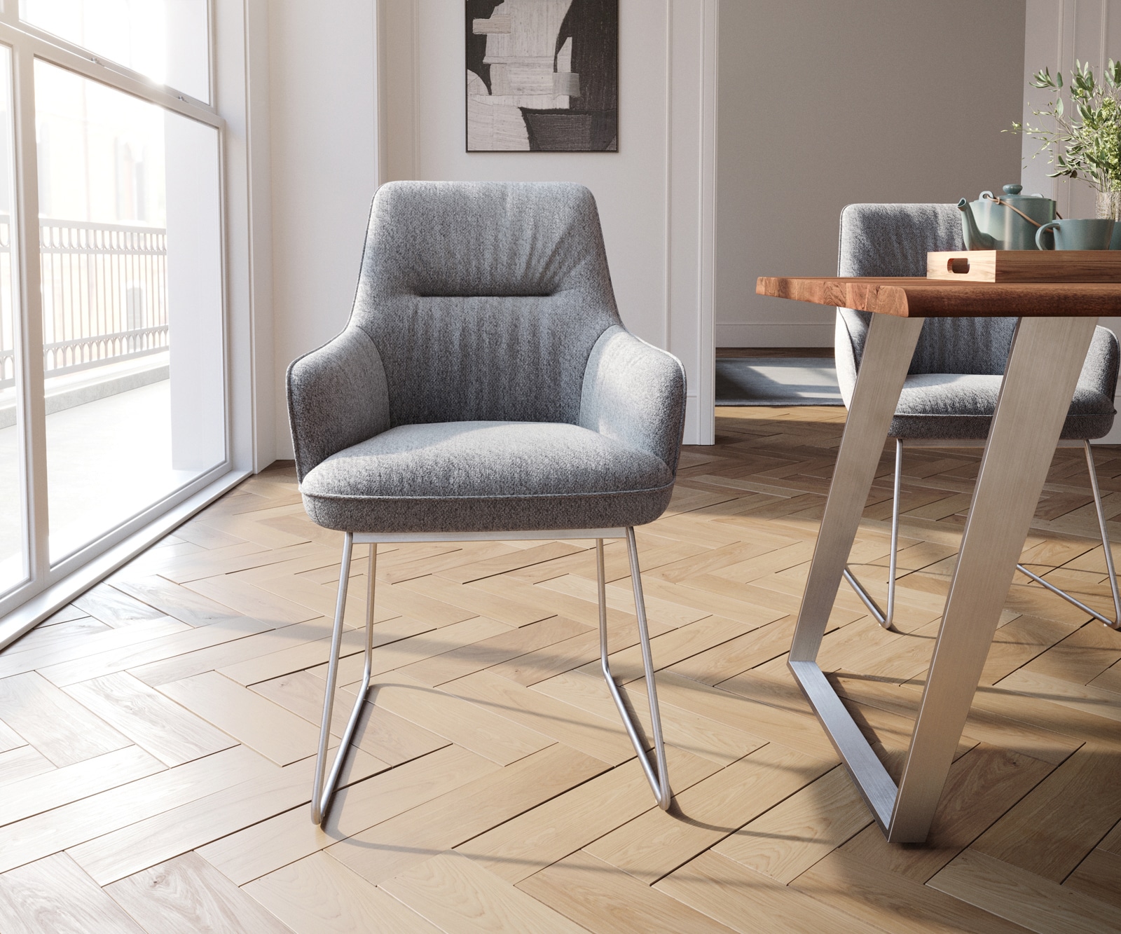 Eetkamerstoel Zelia-Flex met armleuning structuurstof lichtgrijs slipframe roestvrij staal pocketveer kern 1 Eetkamerstoel Zelia-Flex met armleuning structuurstof lichtgrijs slipframe roestvrij staal pocketveer kern 1