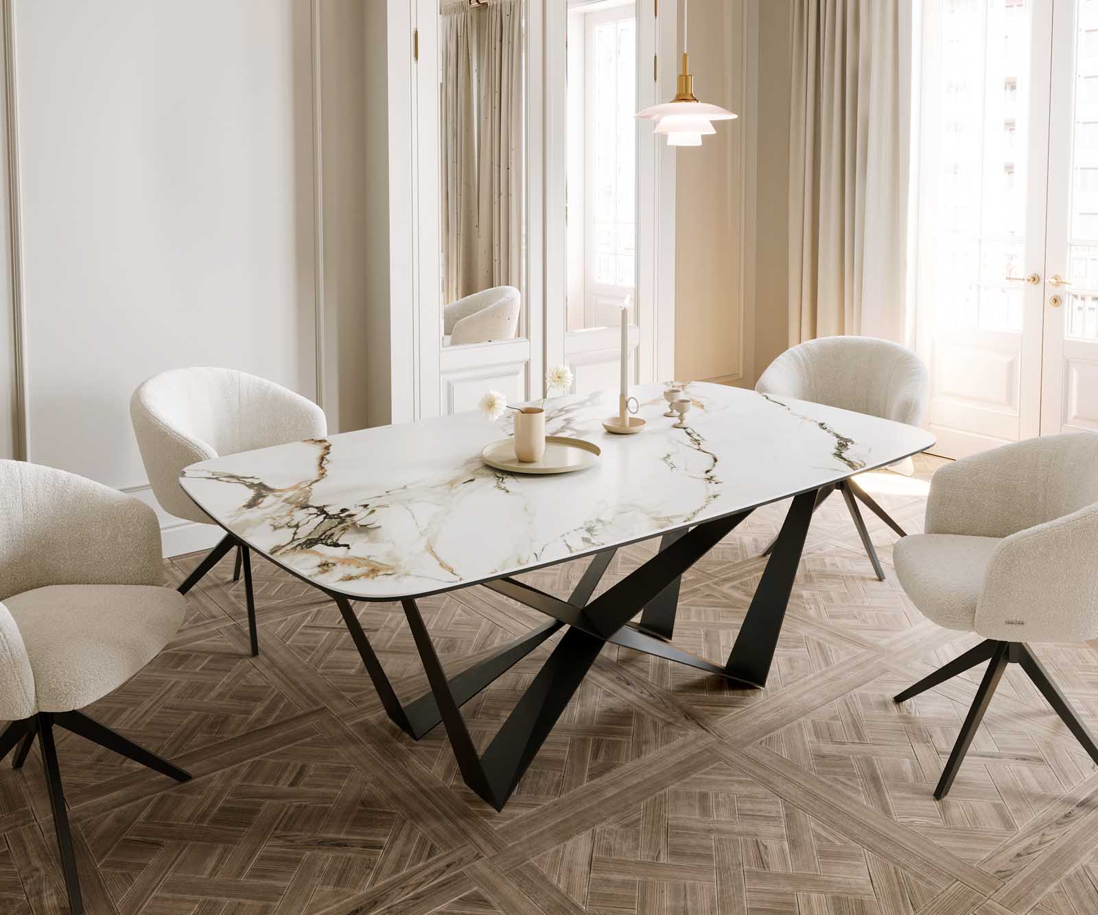 Eetkamertafel Edge Boot 200x100 keramiek Calacatta Luxe wit-goud-grijs spider vlak staal zwart