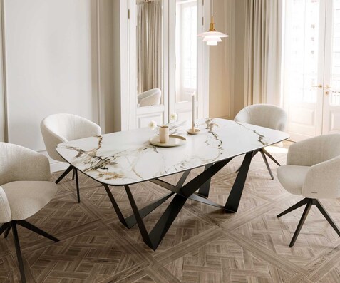 Eetkamertafel Edge Boot 200x100 keramiek Calacatta Luxe wit-goud-grijs spider vlak staal zwart