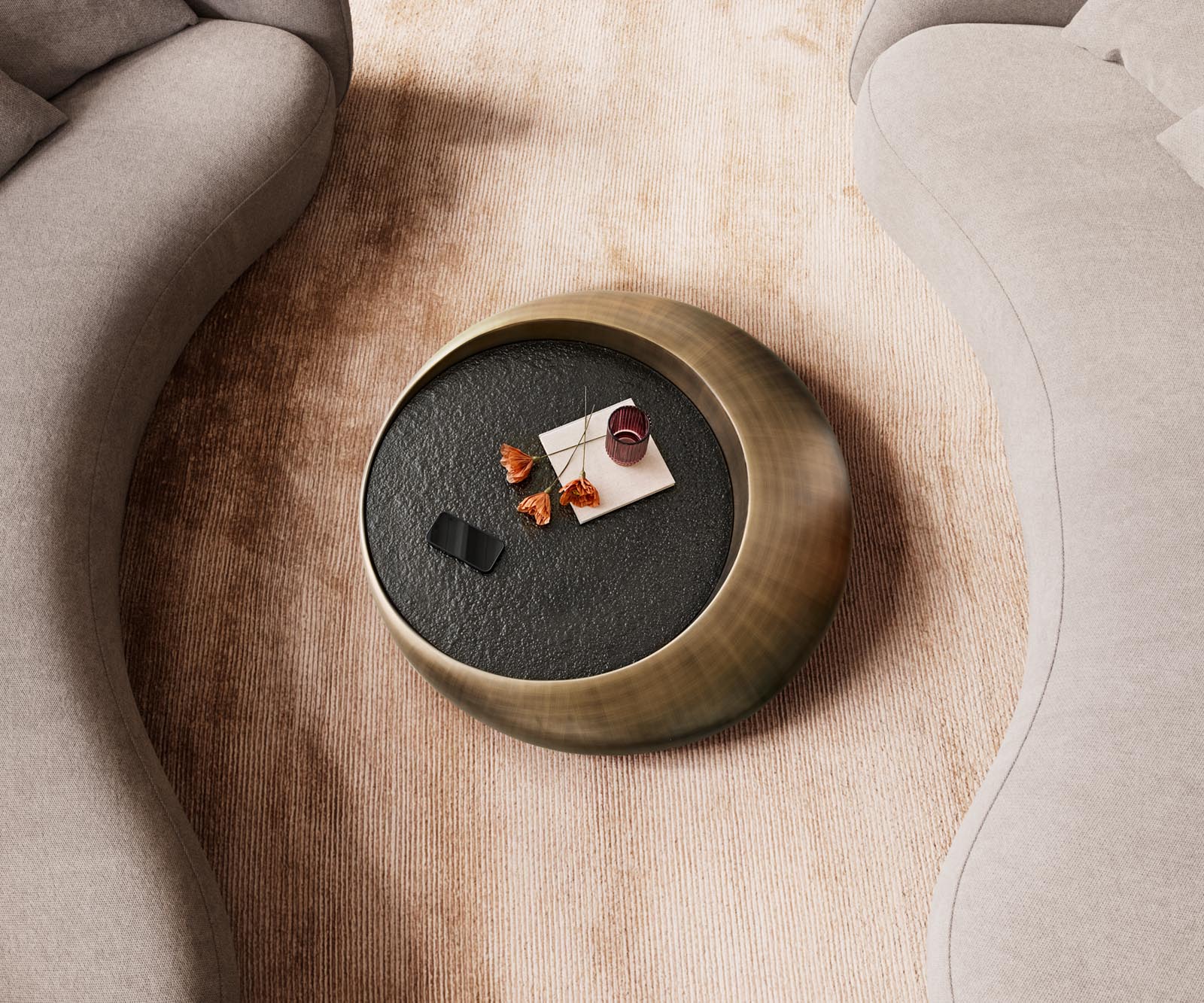 Salontafel Blaise 100x100 cm Goud met reliëfglas taupe 3 Salontafel Blaise 100x100 cm Goud met reliëfglas taupe 3