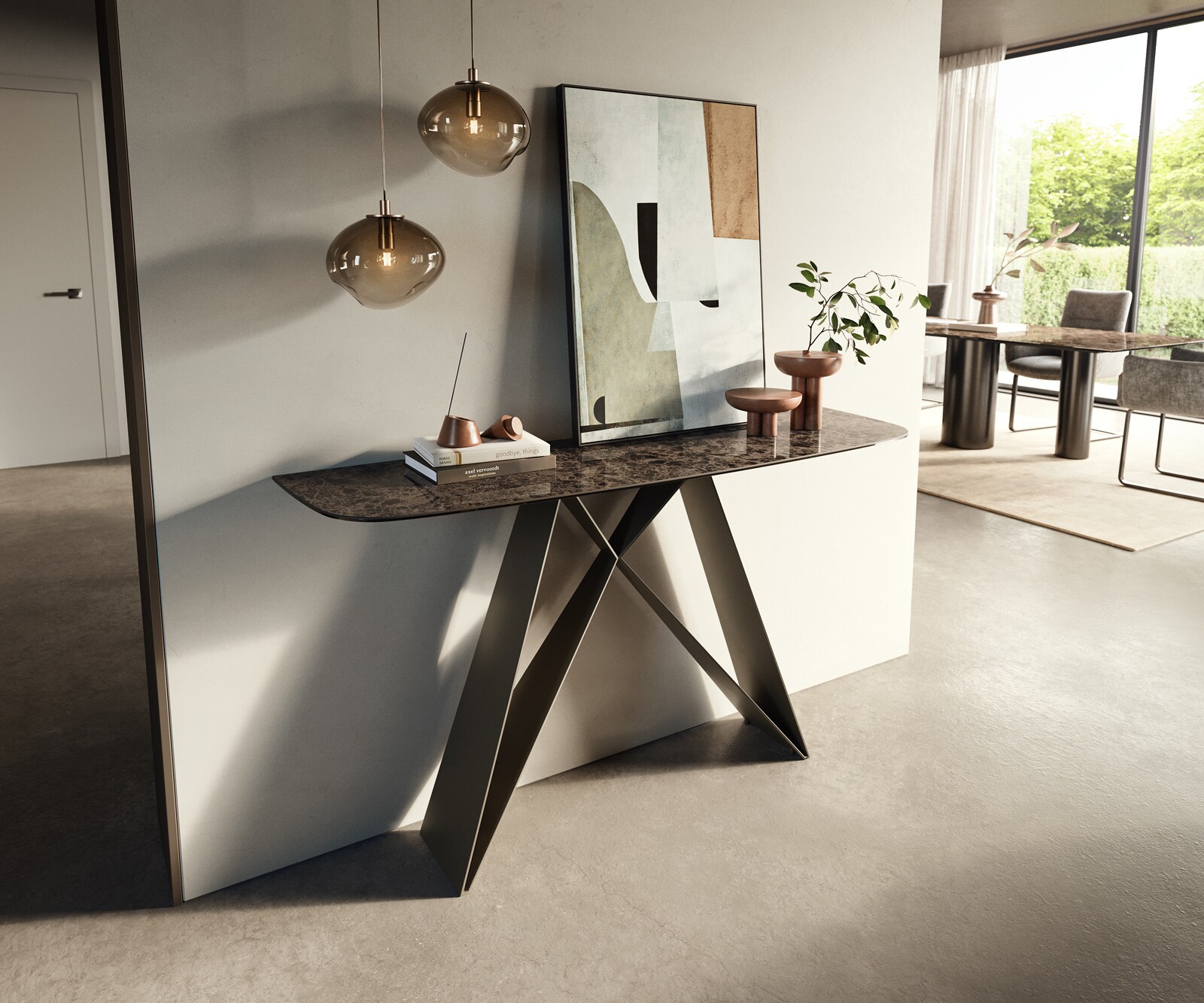 Consoletafel Edge Bootvorm 140x40 cm Keramiek Emperador Extra Lucidato Dunkelbraun Velio Metaal Effektfinish Titan 3