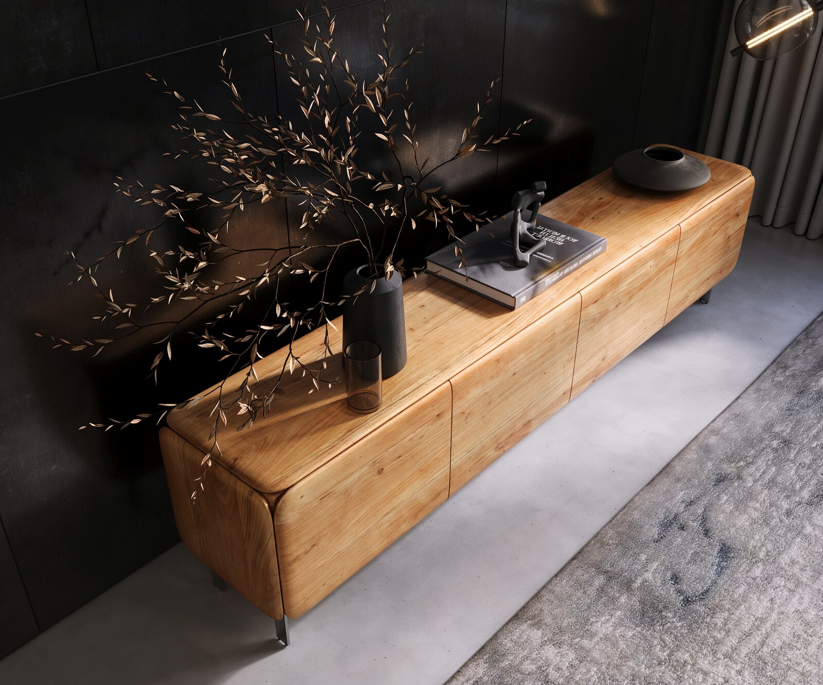 TV-meubel Shavani 220 cm acacia natuur 4 deuren L-poot RVS zilver 4