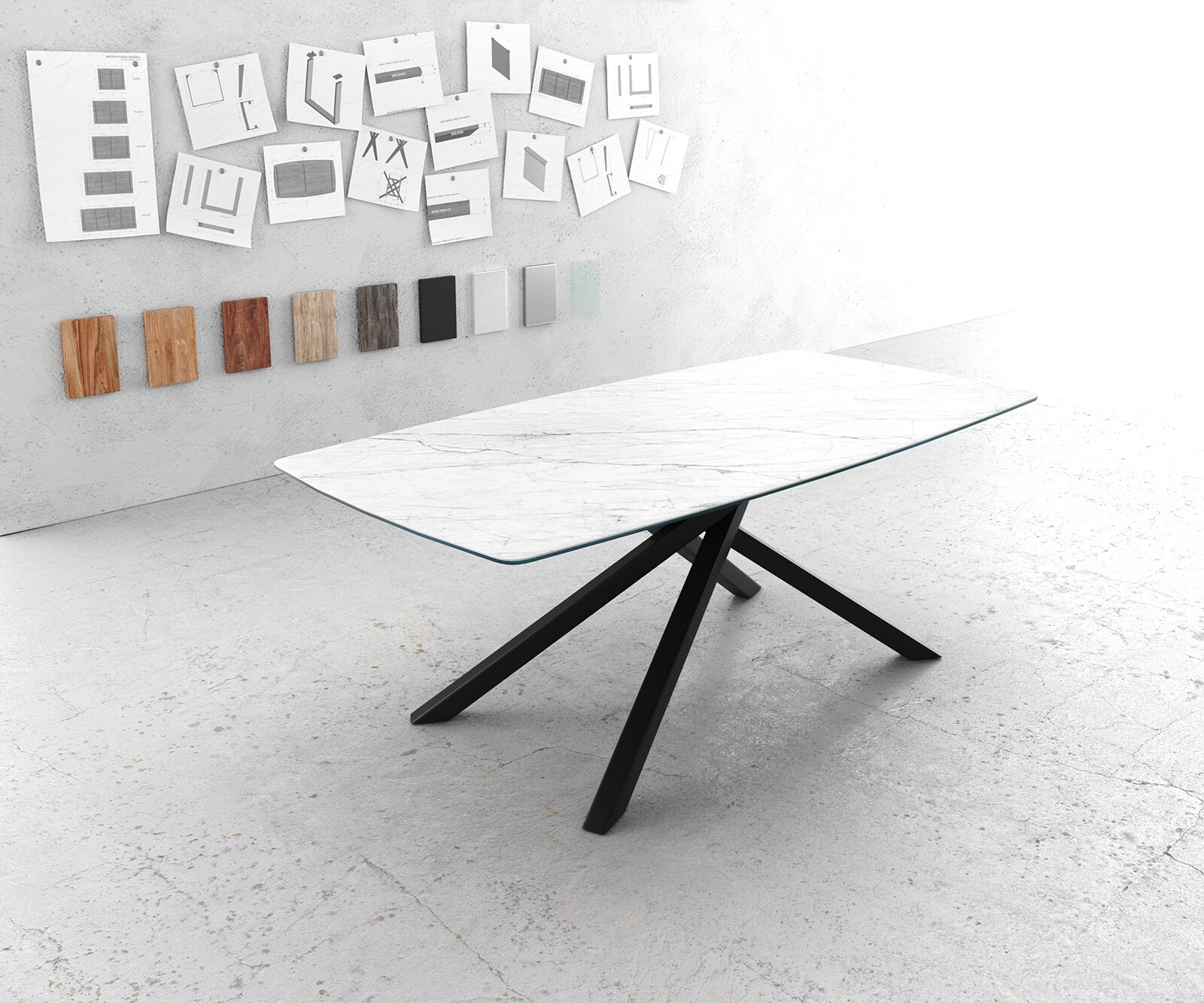 Eettafel Edge Bootsform 200x100cm Laminam® keramiek wit middenpoot kruis zwart Eettafel Edge Bootsform 200x100cm Laminam® keramiek wit middenpoot kruis zwart