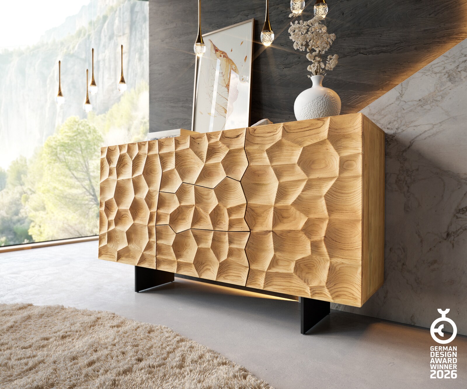 Dressoir Solu 145 cm natuur eiken 2 deuren 3 laden onderstel zwevend metaal zwart 3D front