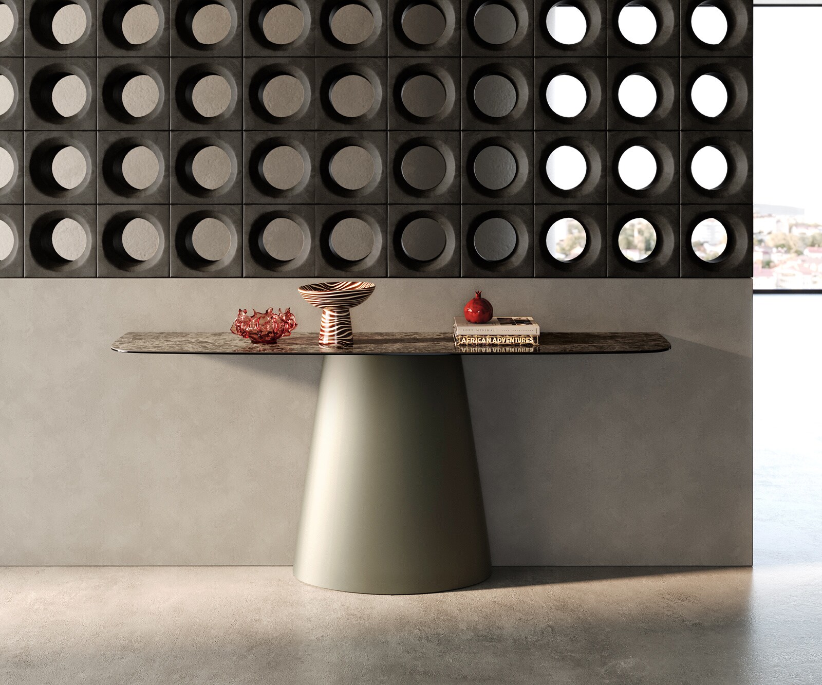Consoletafel Edge Bootvorm 180x40 cm Keramiek Emperador Extra Lucidato Dunkelbraun Conos Metaal Effektfinish Titan 4