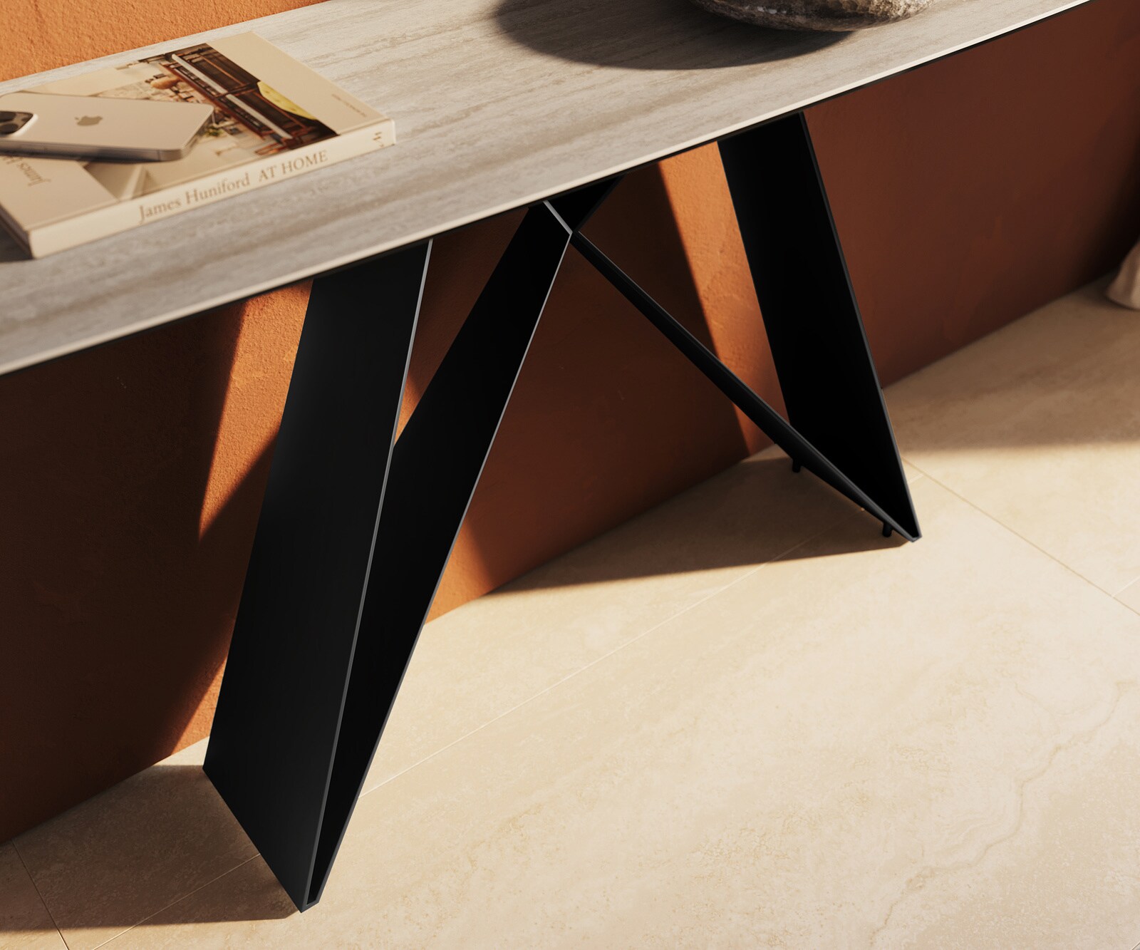 Consoletafel Edge Bootvorm 180x40 cm Keramiek Laminam® Travertino Bianco Creme-Weiß Velio Metaal Zwart 6