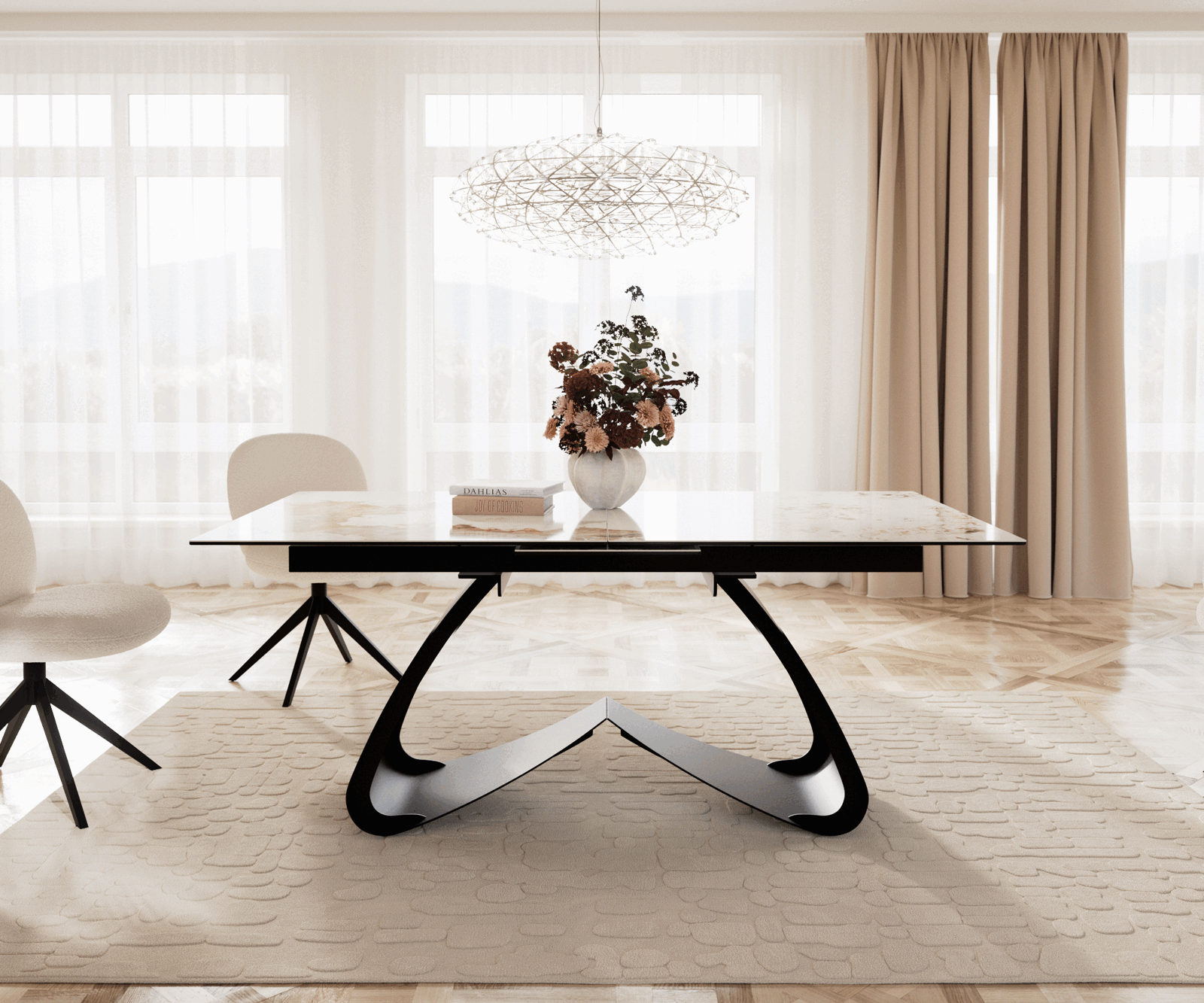 Eetkamertafel Edge 180-220x100 keramiek Minas Melange wit-beige W-frame zwart uitschuifbaar 2